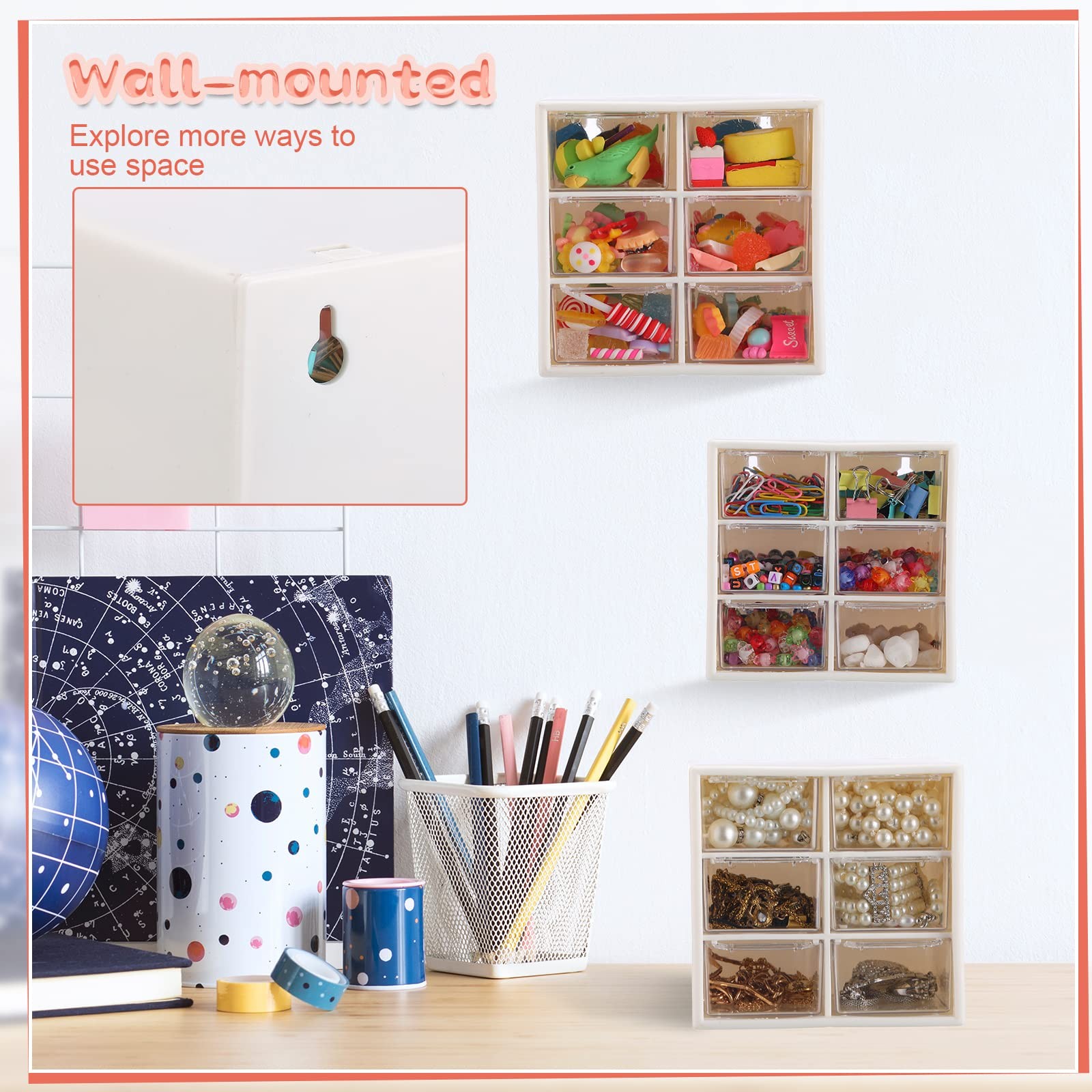 6 Pcs Small Desktop Organizer, Mini 6 Clear 4.8 x 3.8 x 4.6 inches, beige