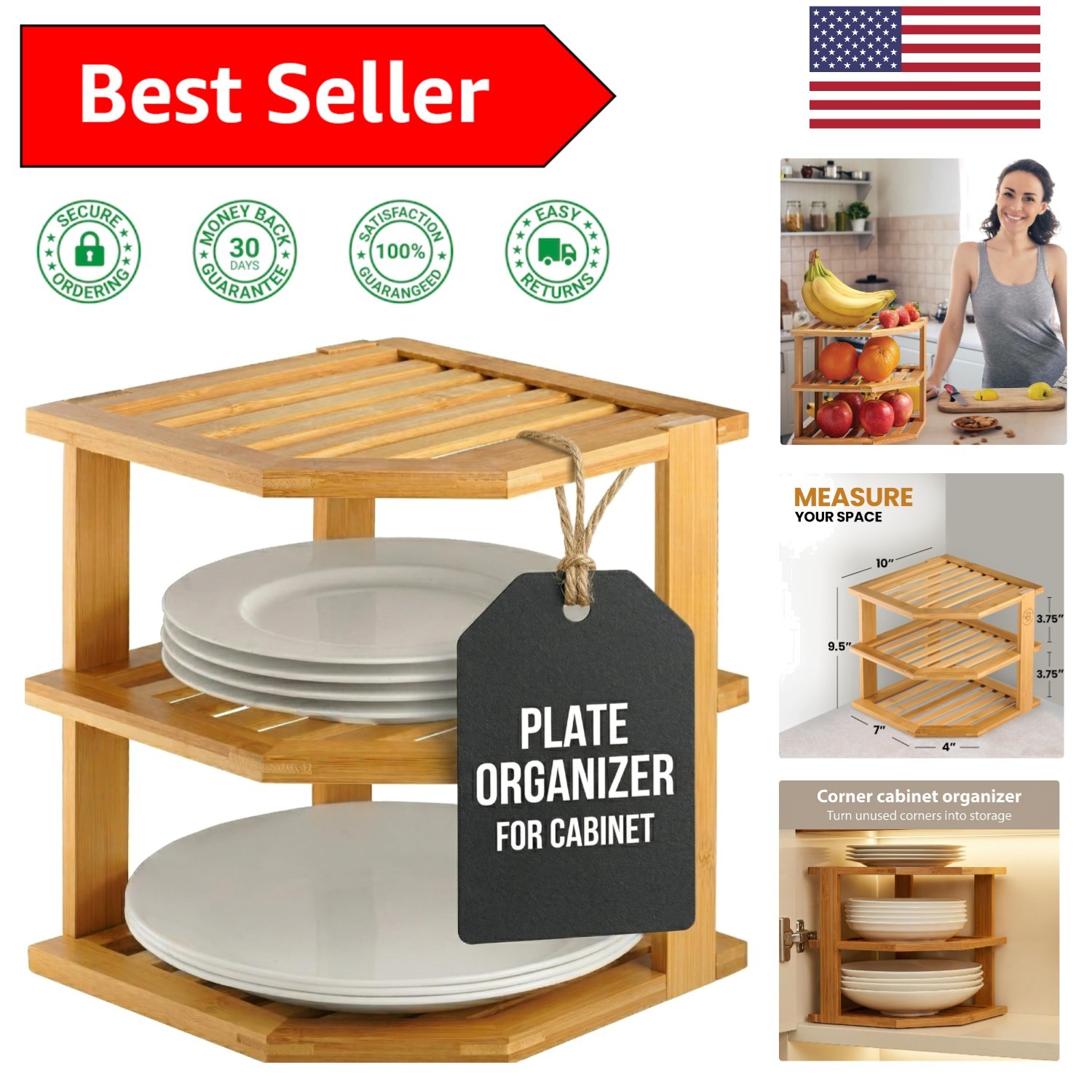 3 Tier Bamboo Corner Shelf – Elegant Space Saver for Plates & Mugs, 10x10x9.5″