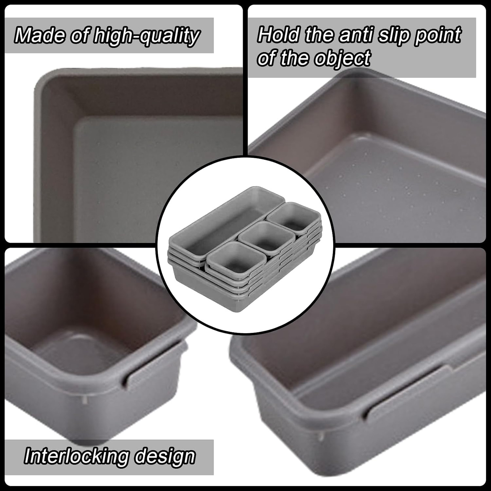 Interlocking Desk Drawer Organizer Set 64 Pieces Plastic Grey Multiple Sizes