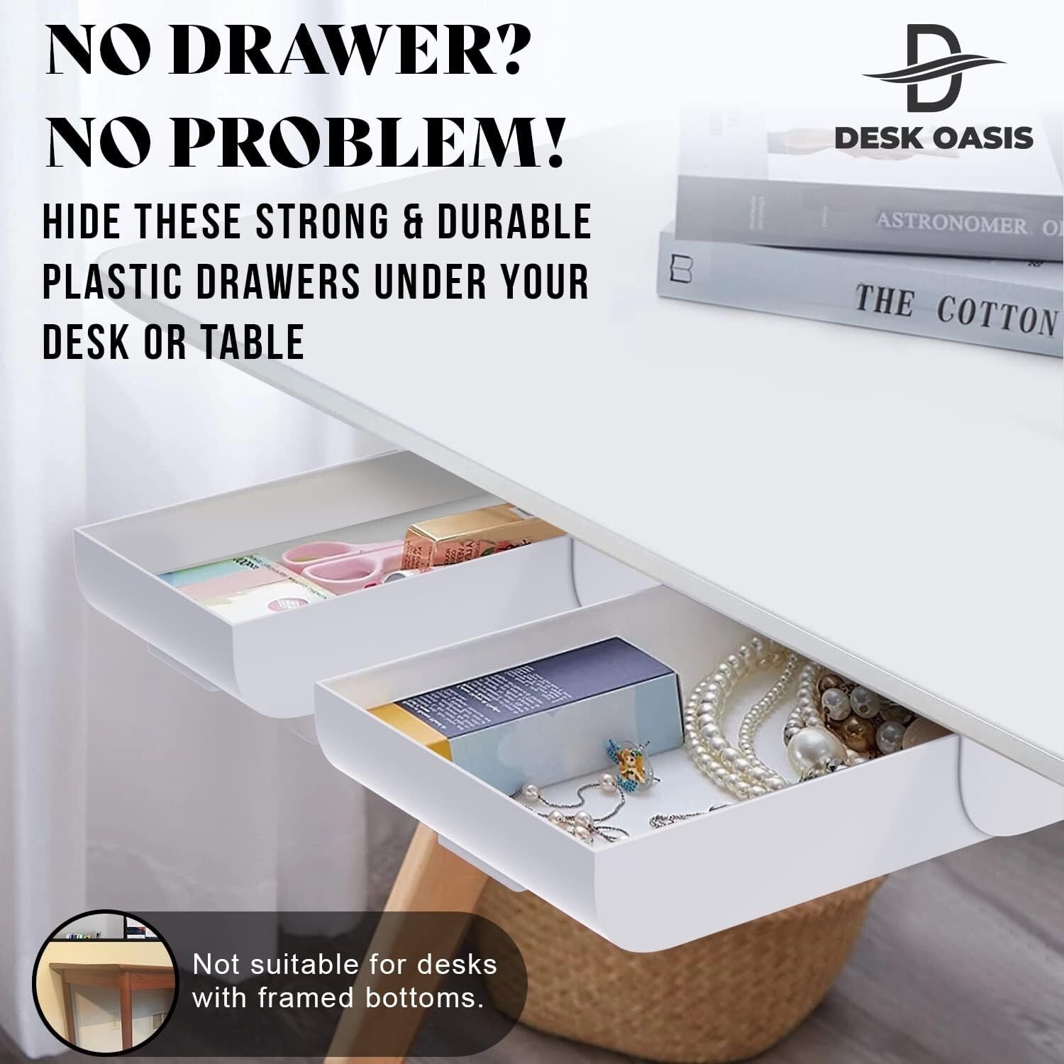 Desk Oasis 2 Pack Under Desk Storage, Plastic Desk Accessories, Slide Out Desk