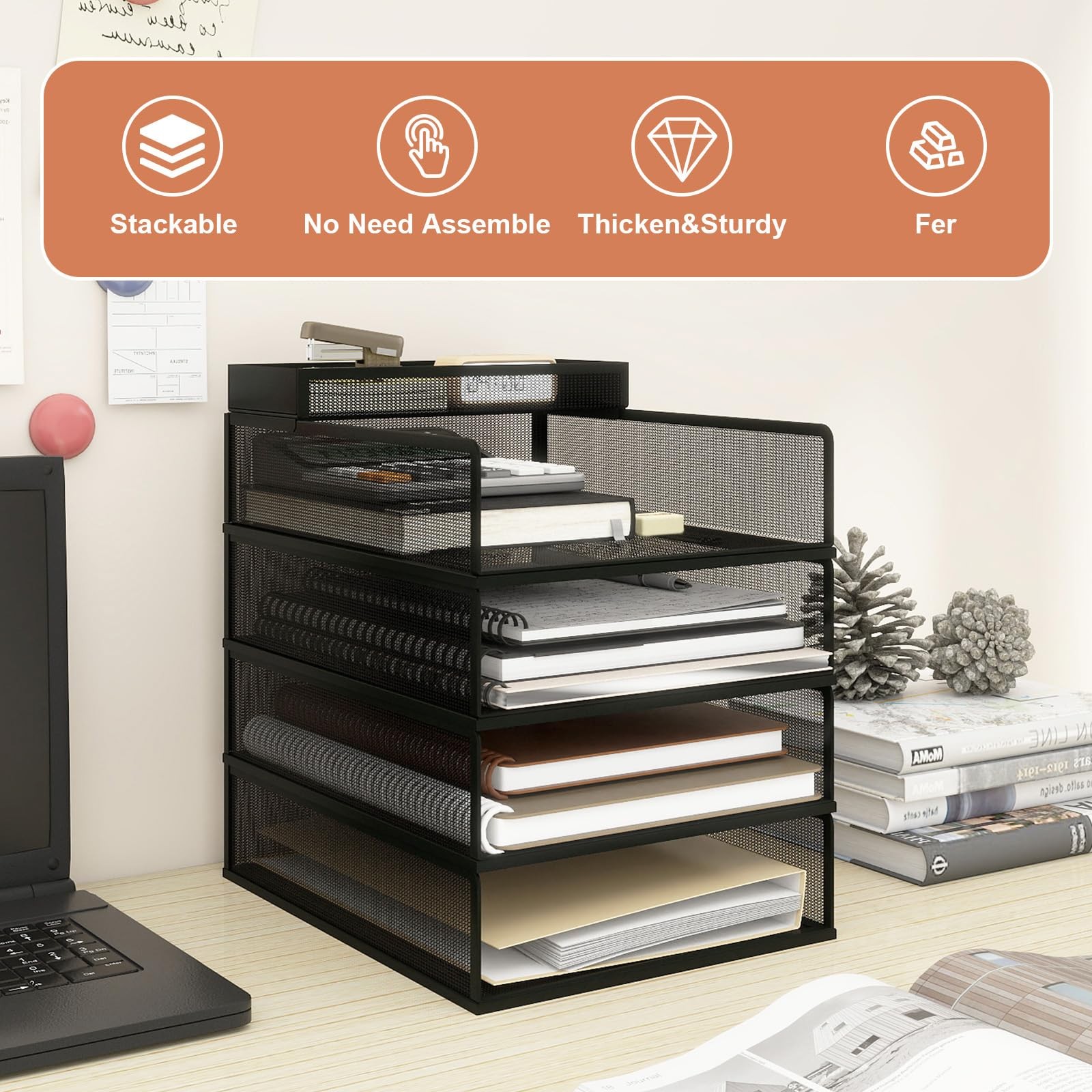 4 Tier Stackable Trays for Letter Documents, Desktop File Organizers for Offi…