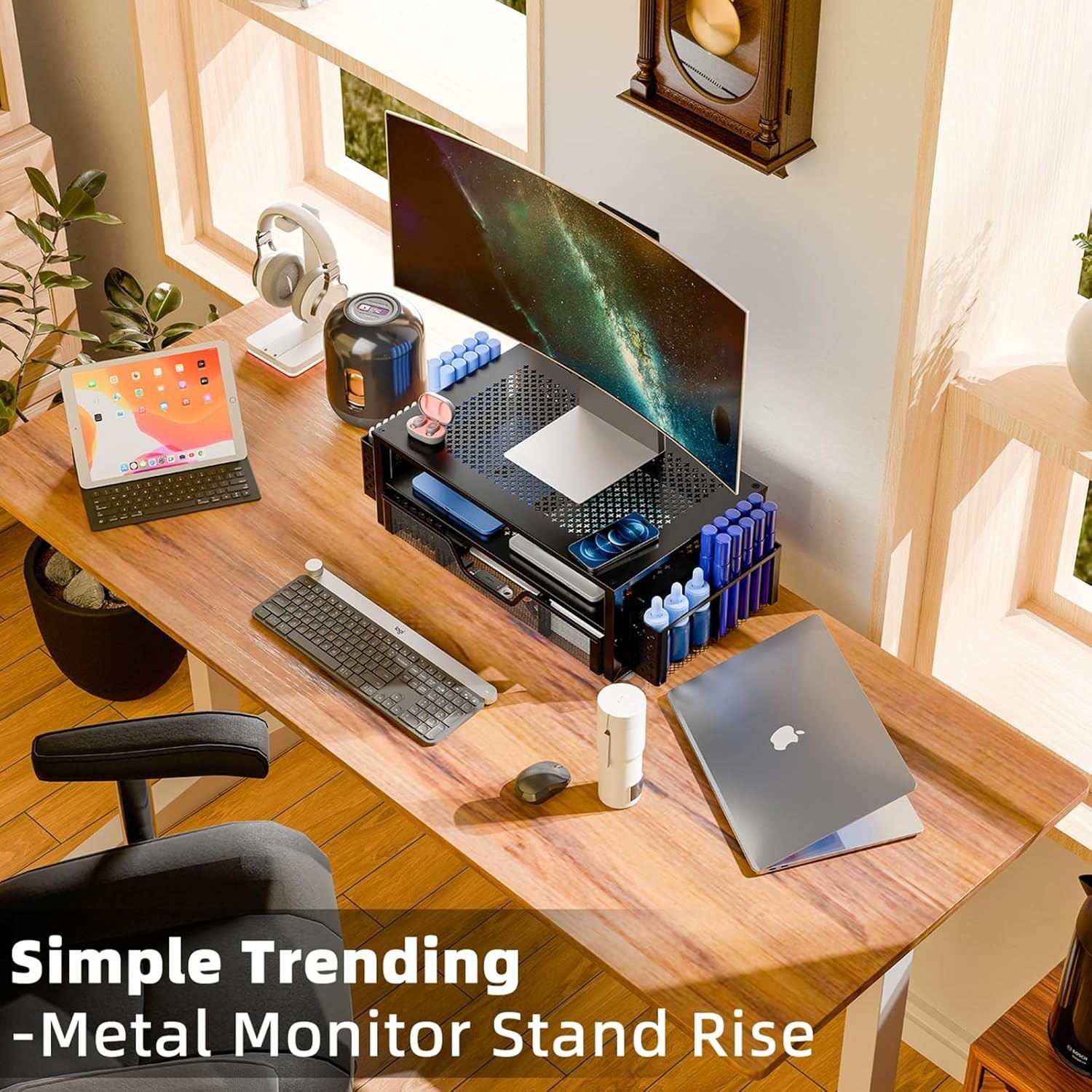 Ergonomic Metal Monitor Stand Riser with Drawer & Pen Holder – Black, 20″ Wide