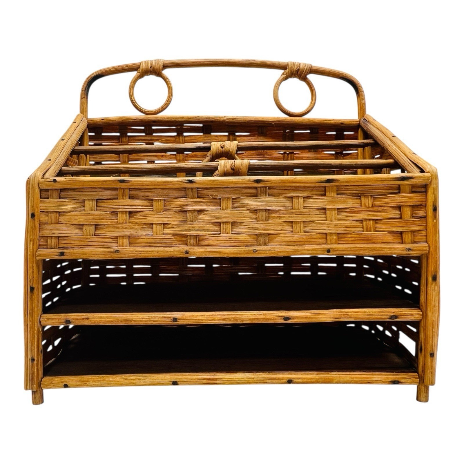 VTG Rattan Desk Organizer Bamboo Letter Tray Boho Basket Weave Office Storage