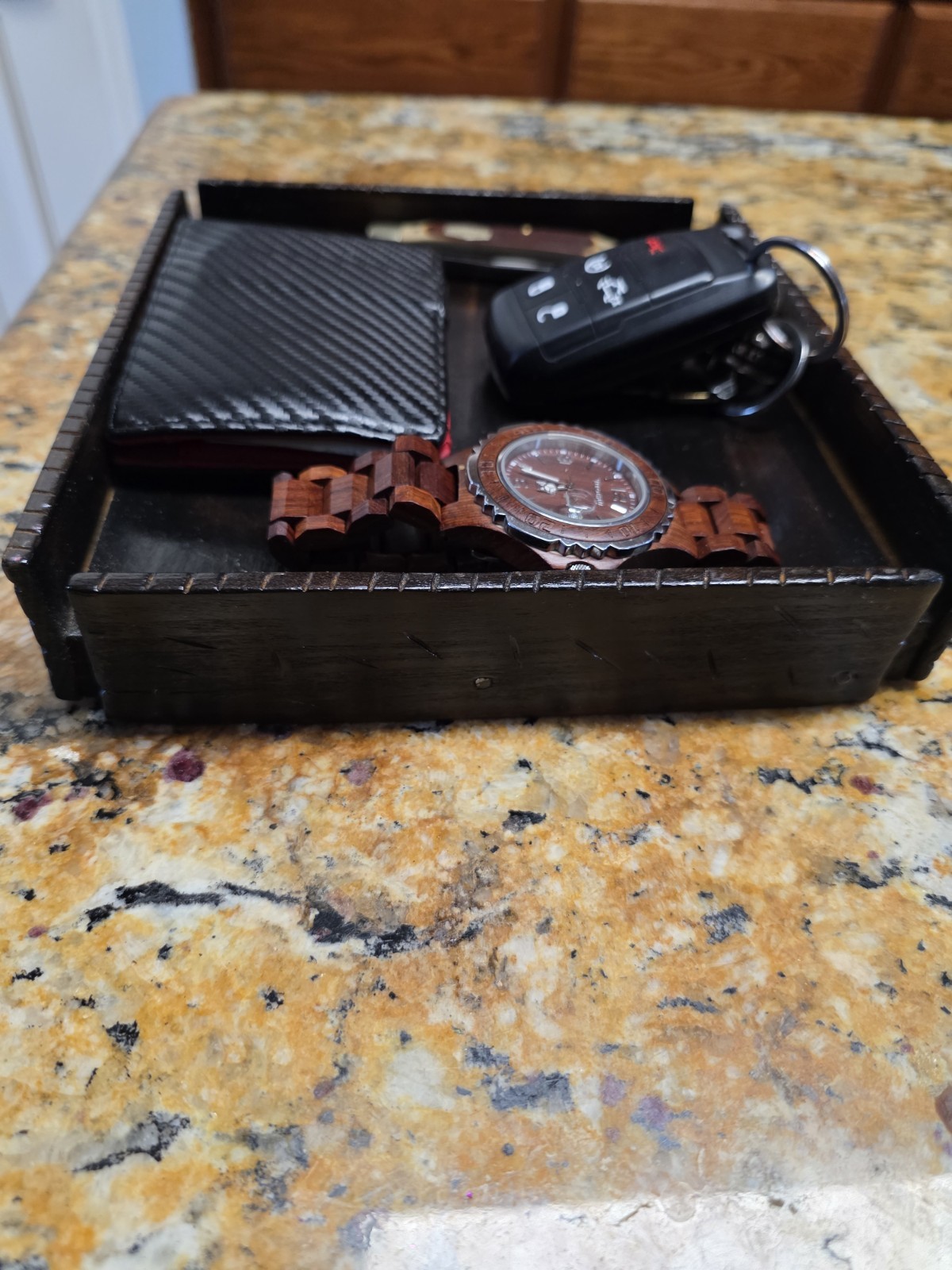 Hand Made Wood Desktop Organizer Tray Square Multi-Purpose Dark Finish