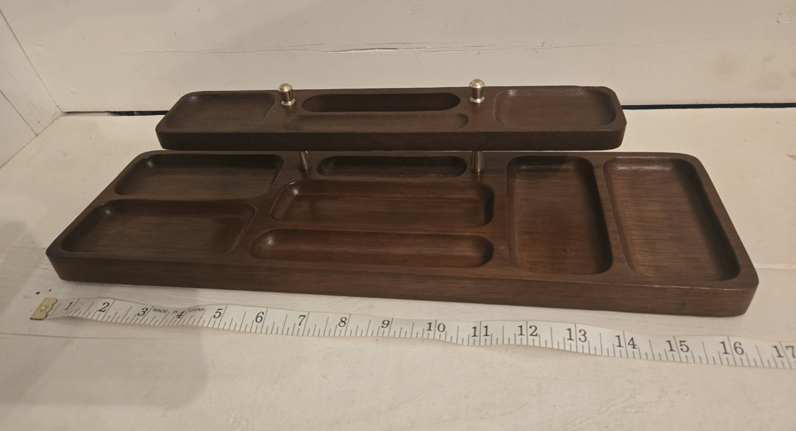VTG Swank Wood Desk Valet, Organizer with Brass Details. 17.5 x 4.5.