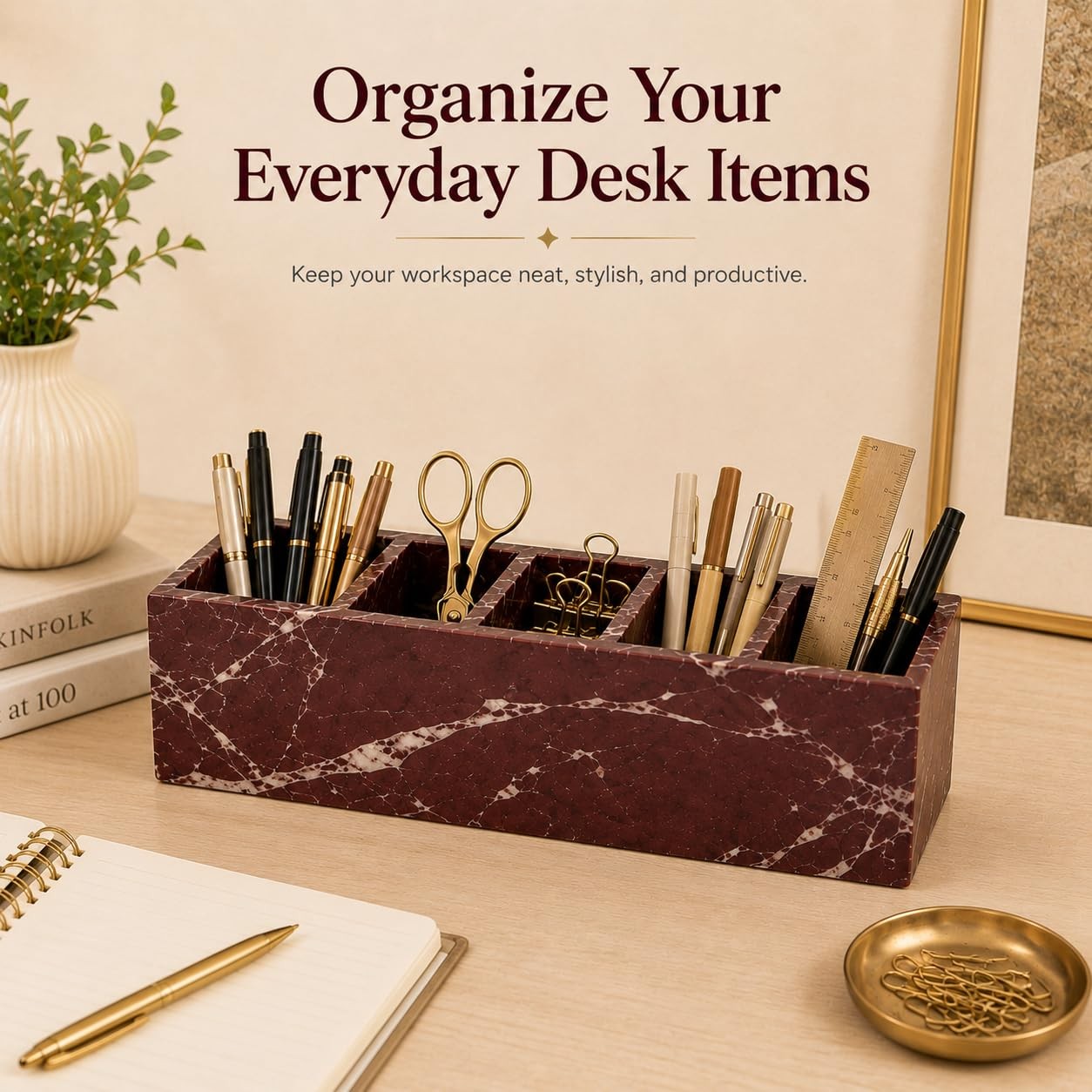 SIRIZEN-DIVING Purple Red Marble 5-Compartment Desk Organizer