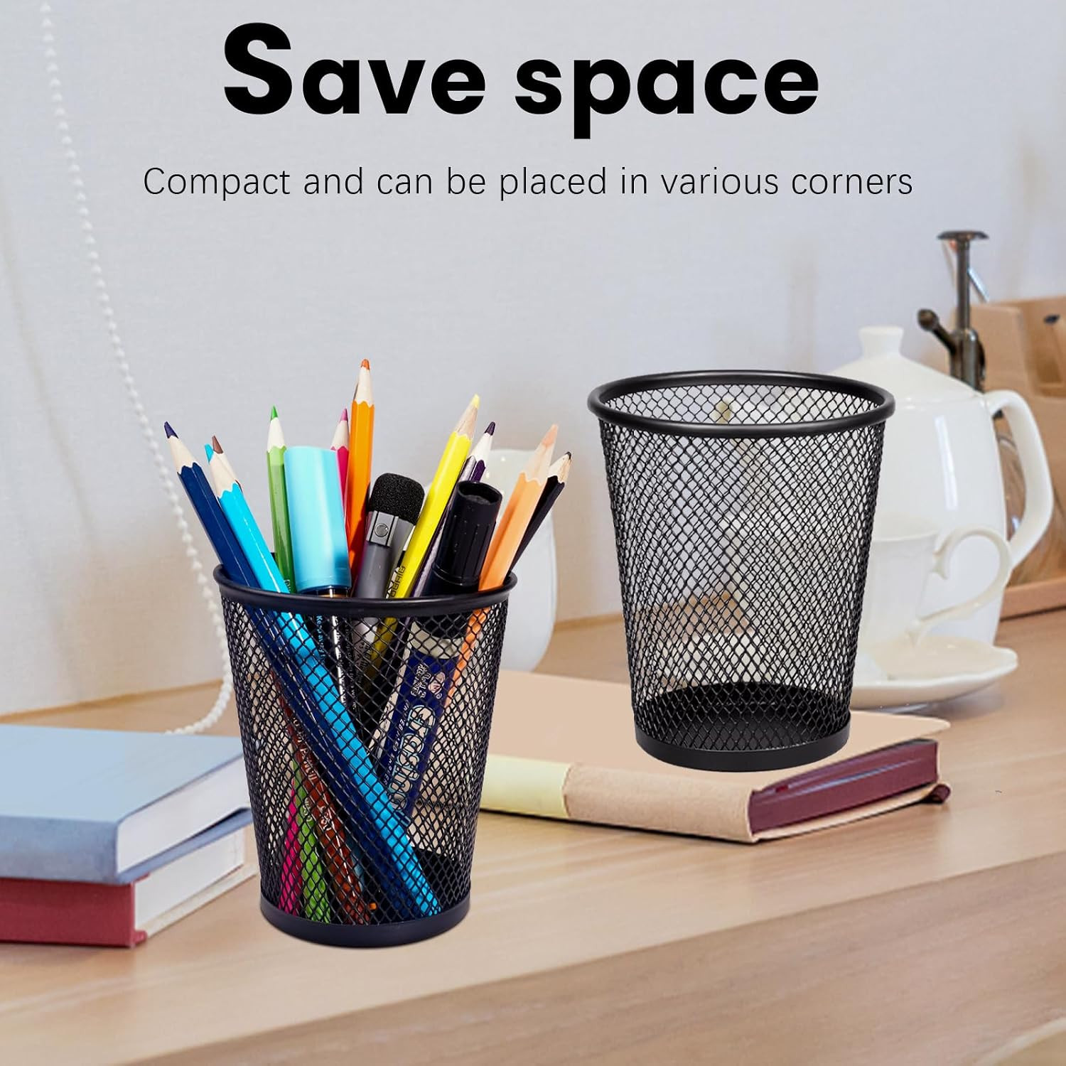 Mesh Pencil Holder for Desk 6 Pack, Metal Pen Cup Black | Pen Holder for Desk, D
