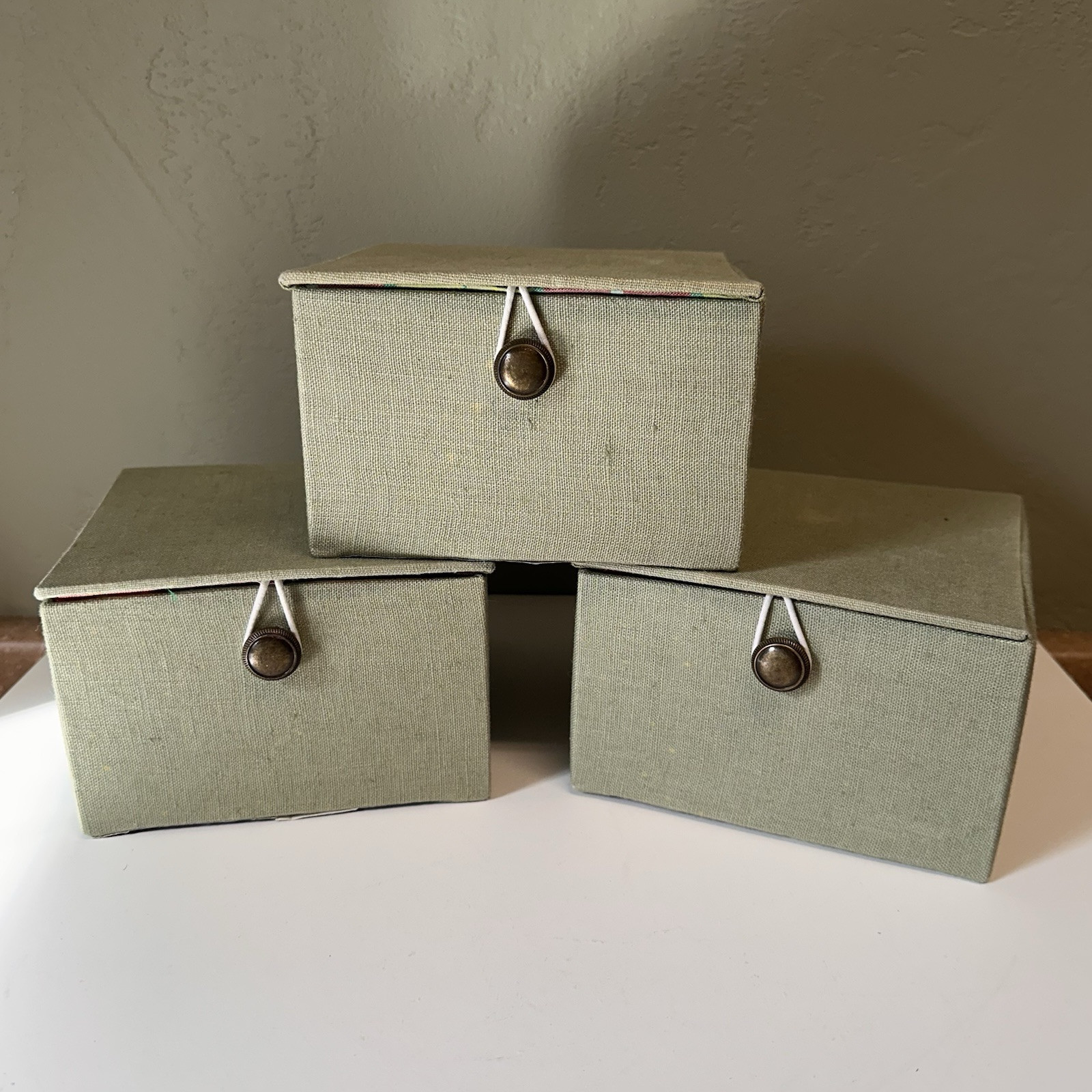 Cloth Bound Green Fabric Wrapped Lot of 3 Flip Boxes Storage Boxes Decor Boxes