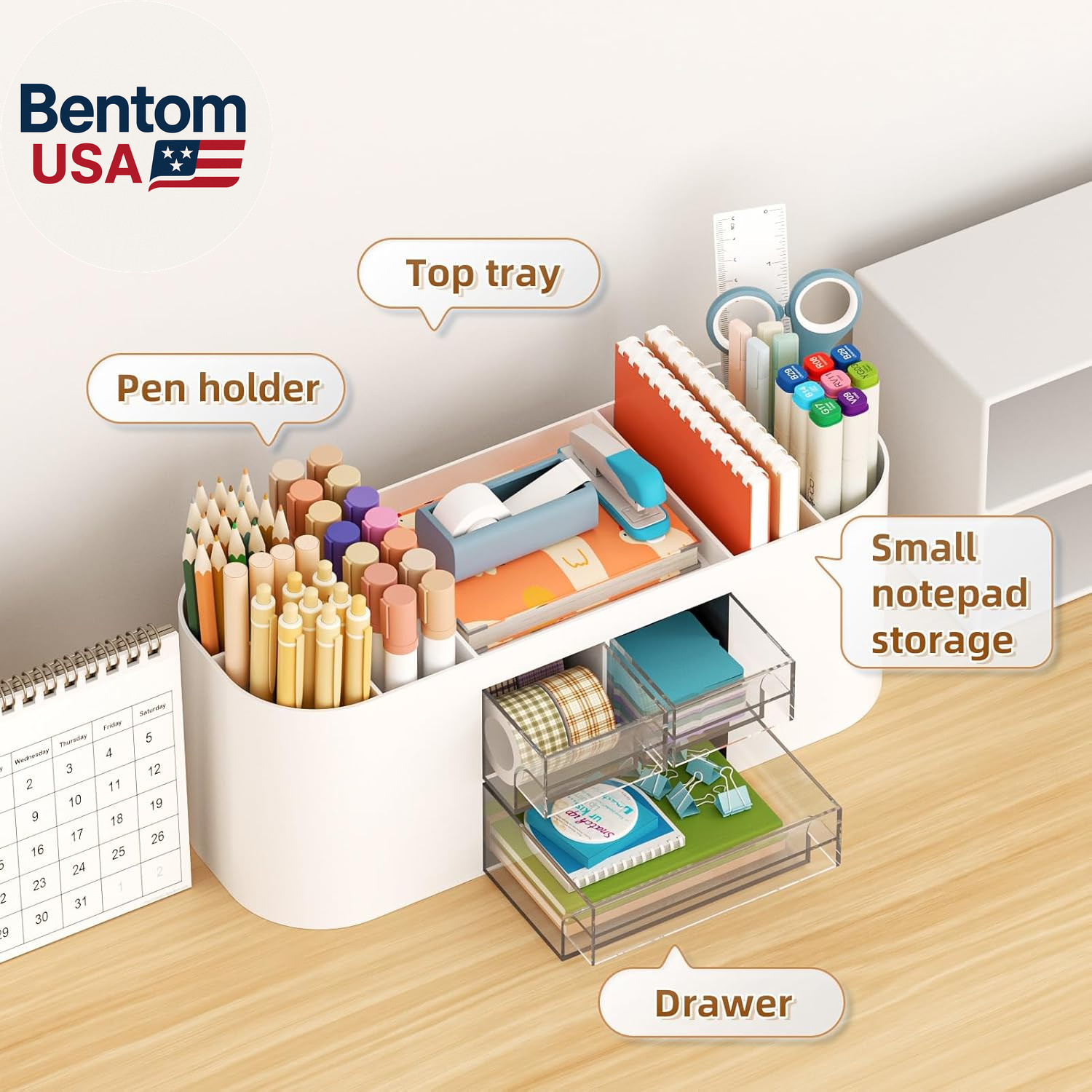 Desk Organizer Pen Holder for Desk with 3 Drawers, Multi-Functional Pencil Holde