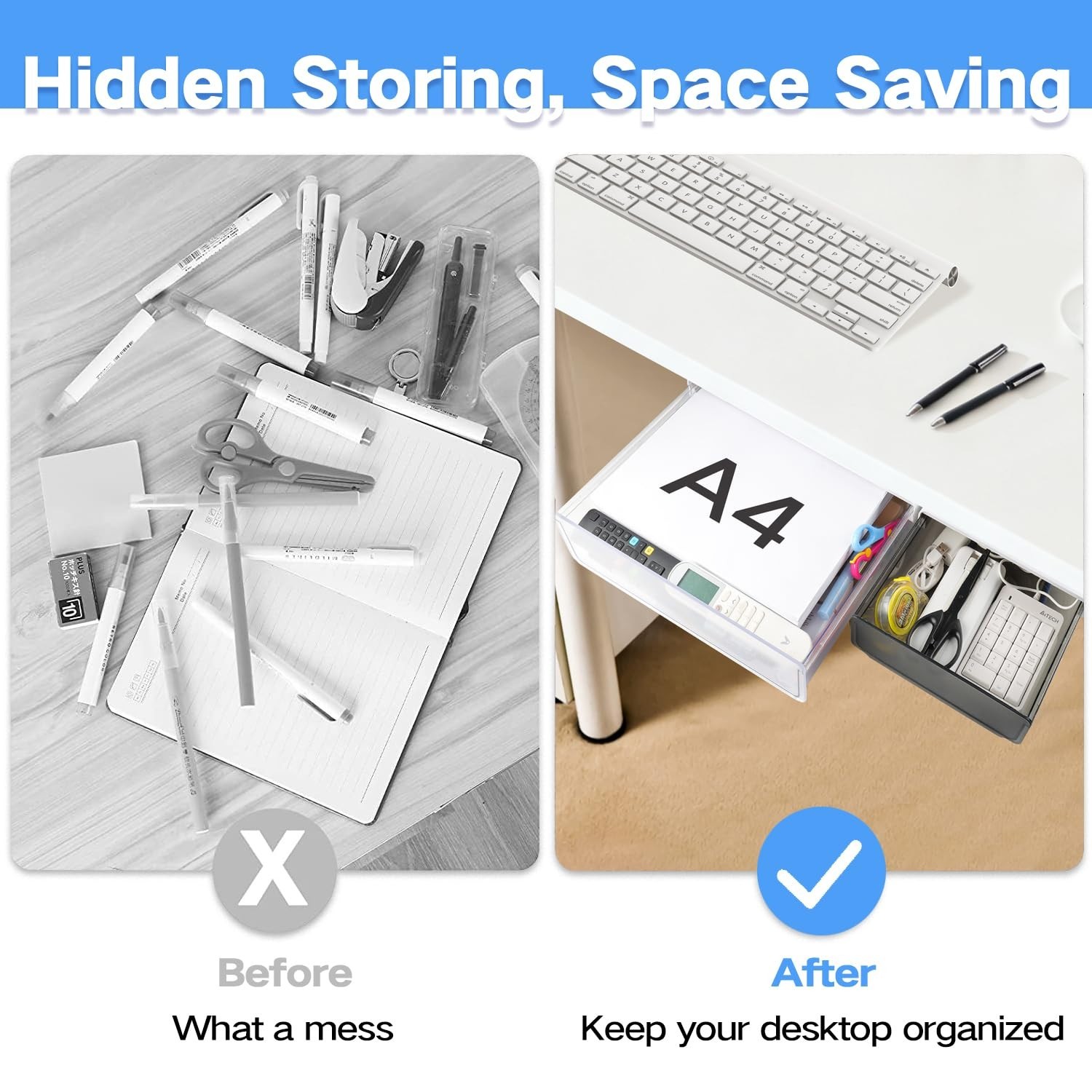 Under Desk Drawer Organizer 2 Pack – Self-Adhesive Slide Out Storage Trays for O