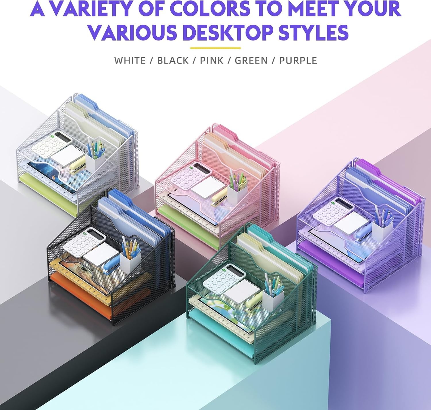 Compact Purple Desk File Organizer: 3-Tier and Vertical Holder for Office Use