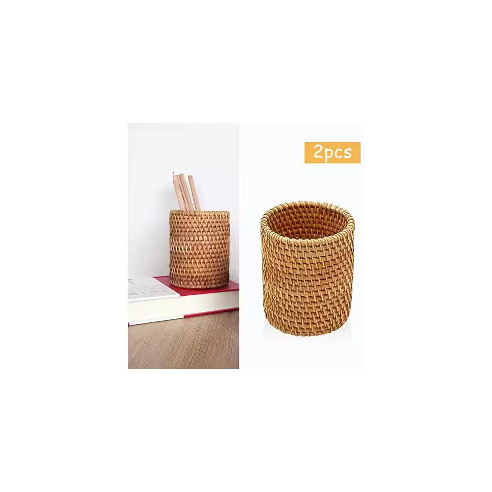 2-Pack Rattan Pencil Holder Boho Handmade Pen Organizer Aesthetic Desk Cup Holde