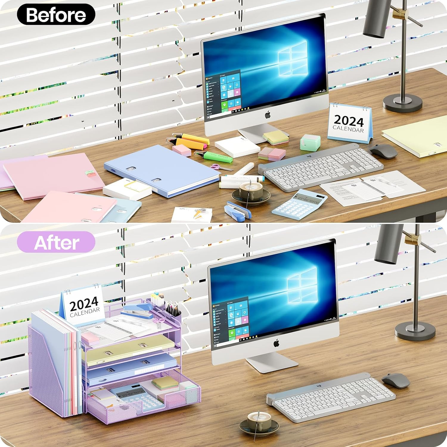4 Tier Desk Organizer with Drawer and 2 Pen Holders Purple