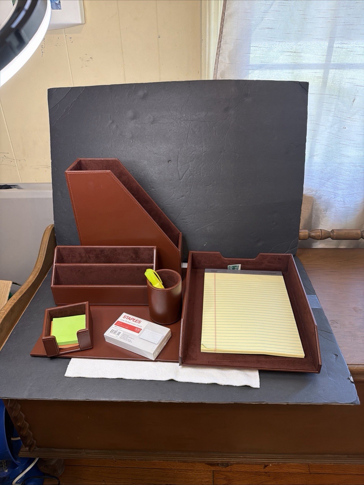 6pcs Wood OFFICE DESK ORGANIZER Workplace Set + Sticky Notes Index Card Preowned
