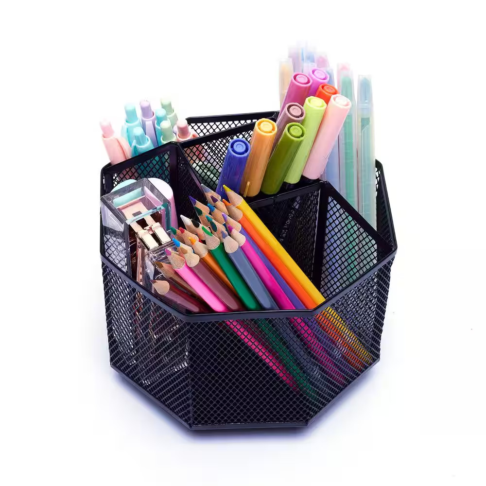 Mesh Desk Tidy Pen Holder Multifunctional Organiser 360 Rotation Large Capacity