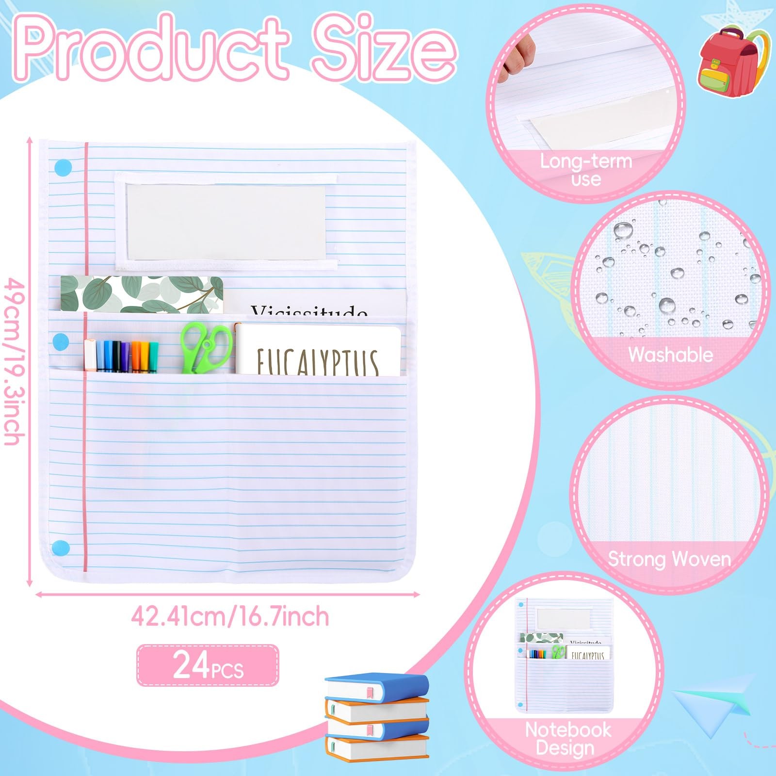 24Pcs Notebook Chair Pockets for Classroom Notebook Chair Back Buddy Pocket w…