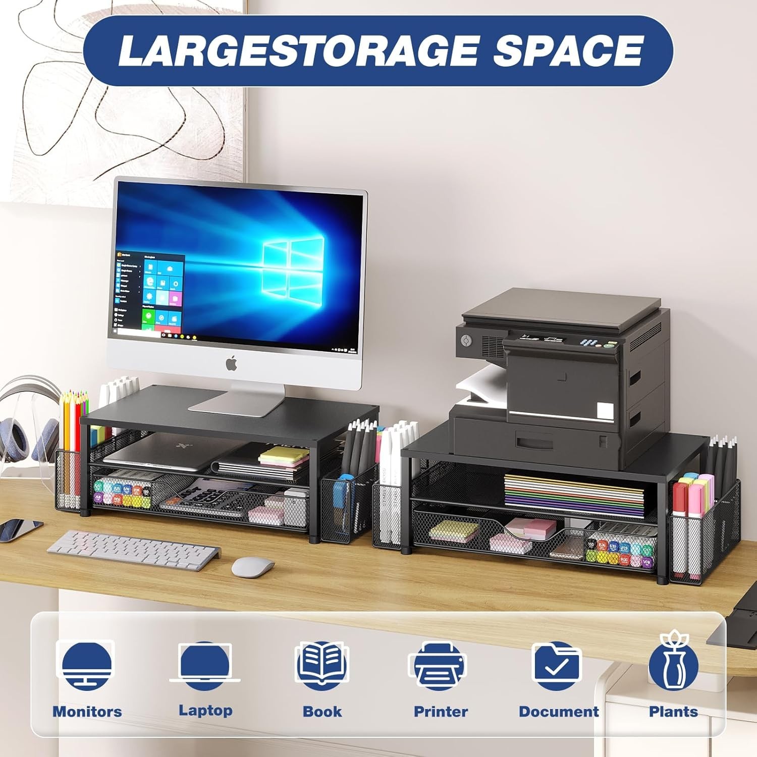 Ergonomic 2-Tier Computer Monitor Stand with Storage – Black Office Essential