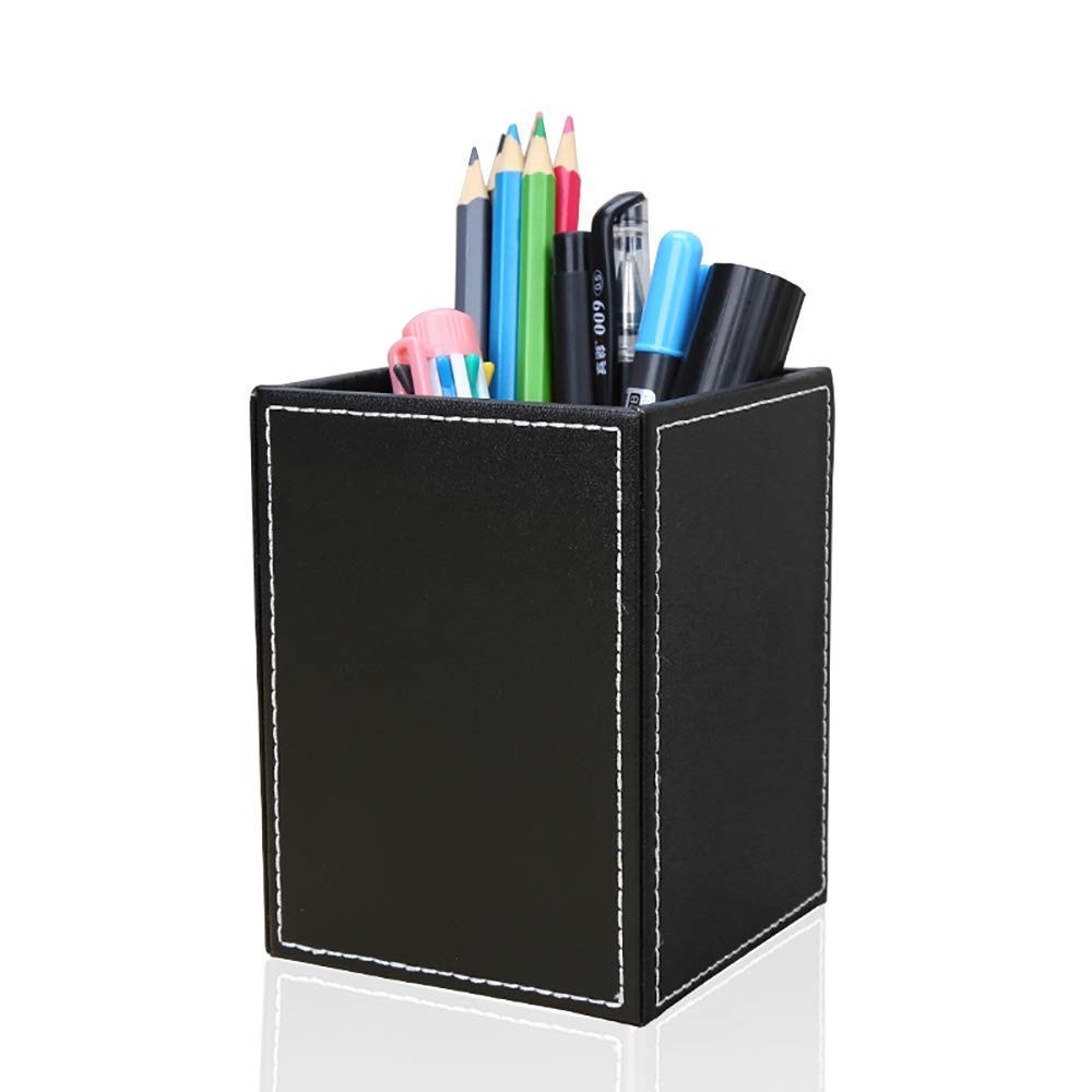 PU Leather Square Pens Pencils Holder Cup Desktop Stationery Organizer Case O…
