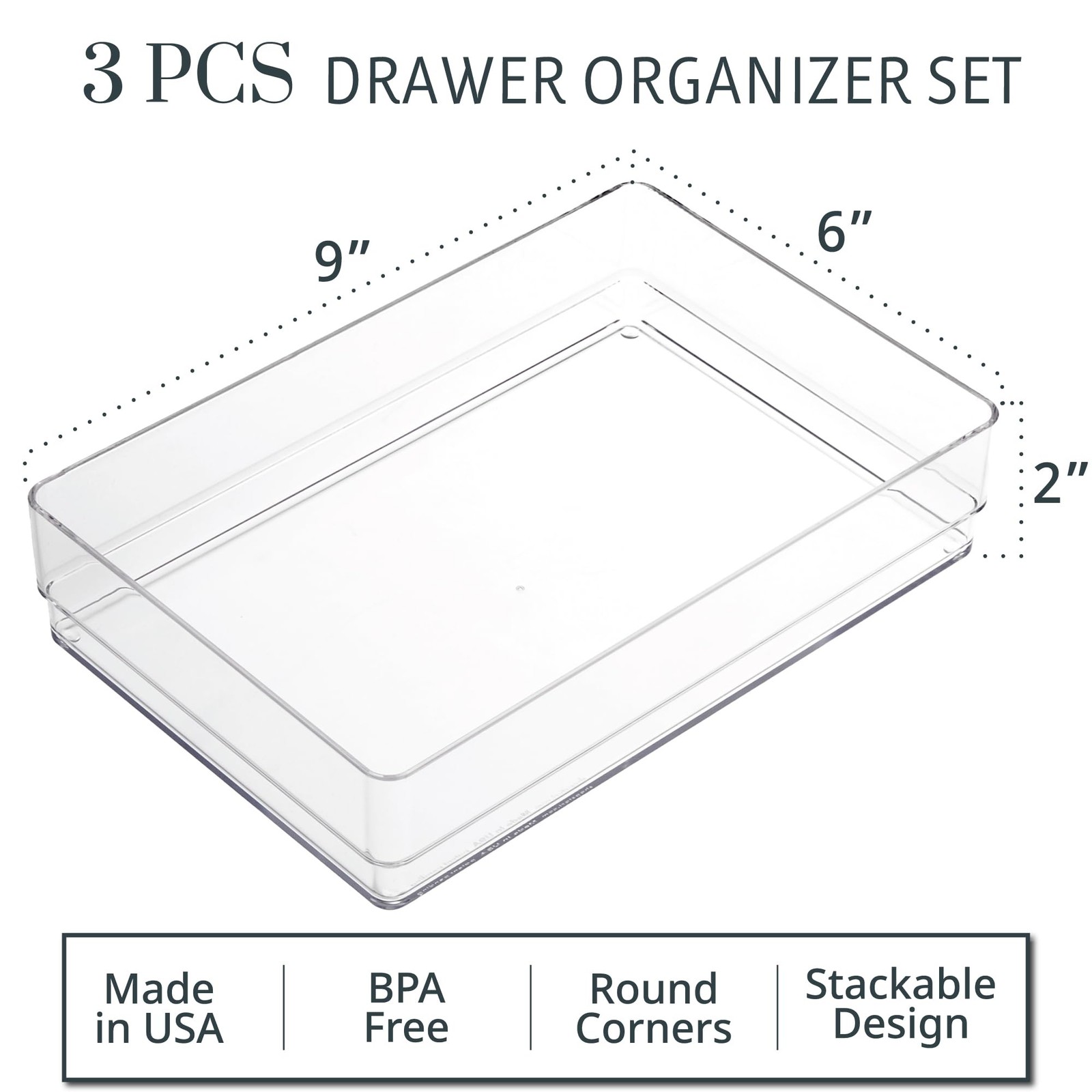 STORi SimpleSort 3-Piece Stackable Clear Drawer Organizer Set | 9x6x2″,
