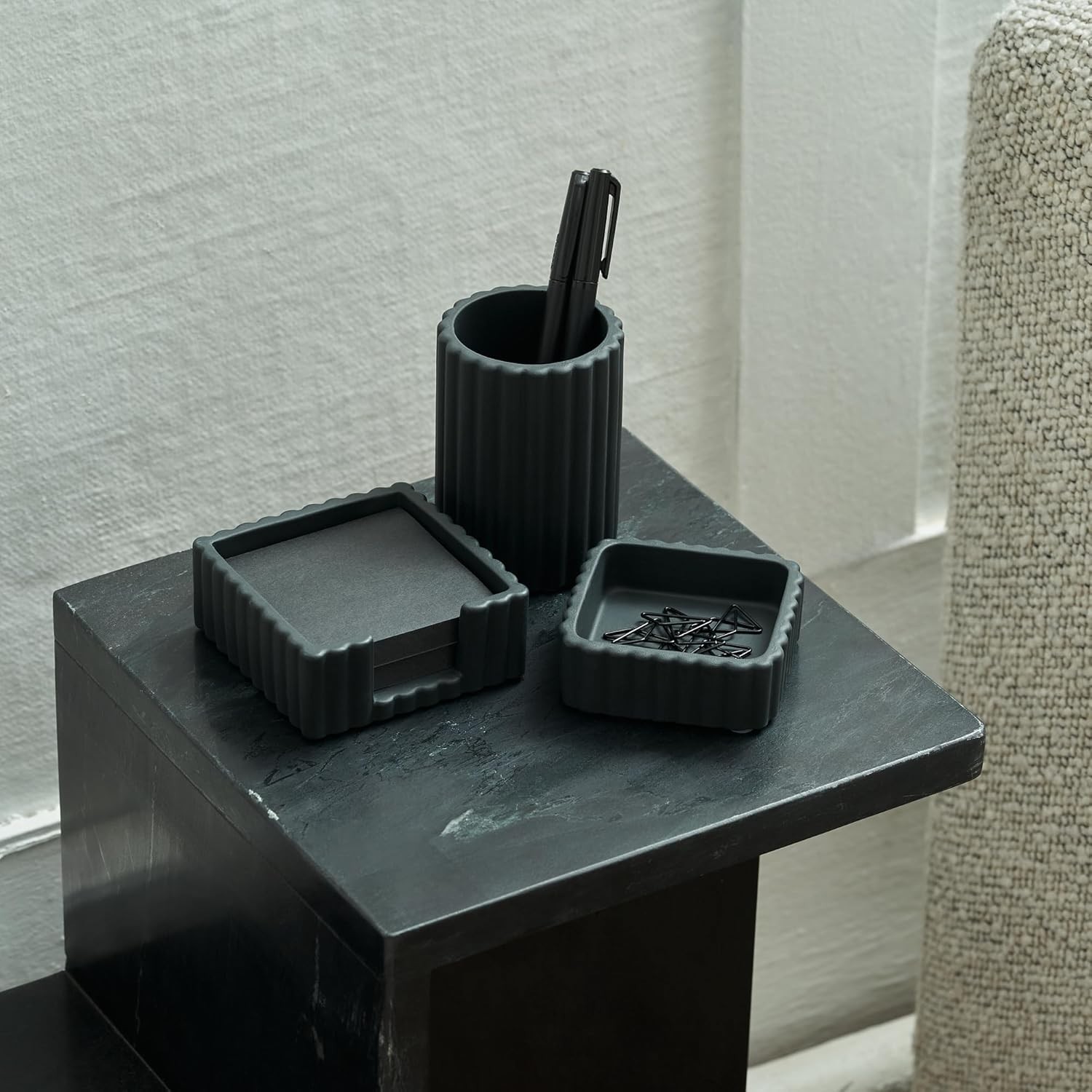 Modern Concrete Desk Organizer Set for Pens & Supplies – Black Brushed Finish