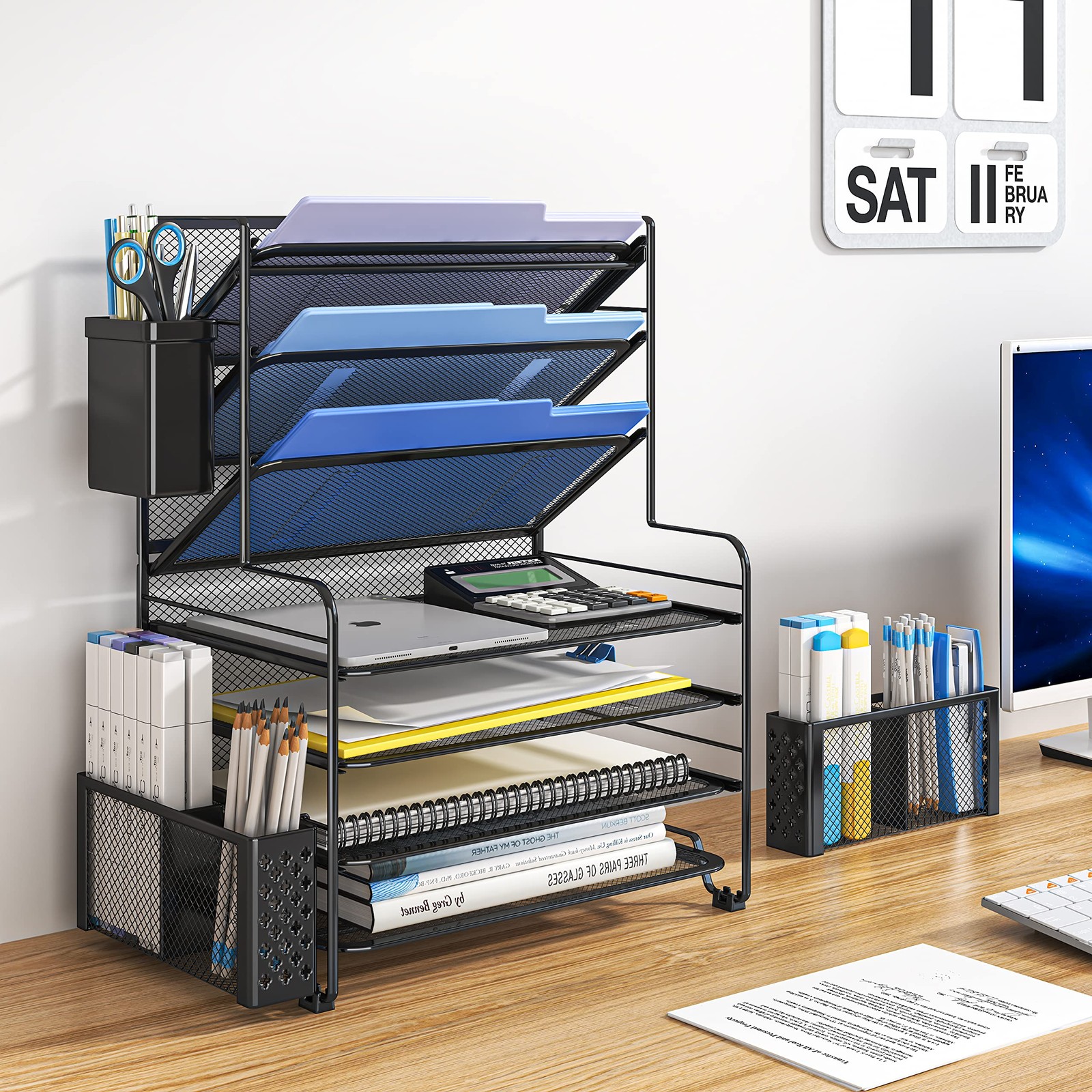 7 Tier Desk File Organizer, Letter Tray Organizer with Pen Holder and Metal H…