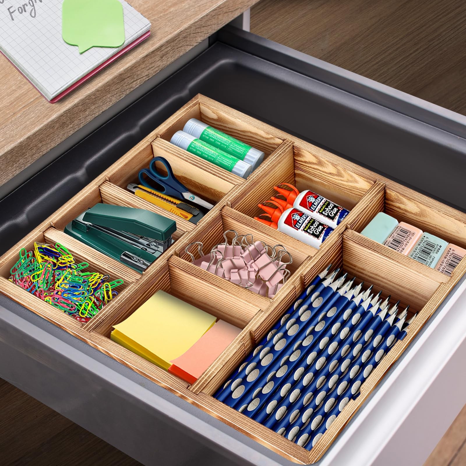 Wooden Desk Drawer Organizer 9 Slot Adjustable Wood Office Storage 12×9 Inch