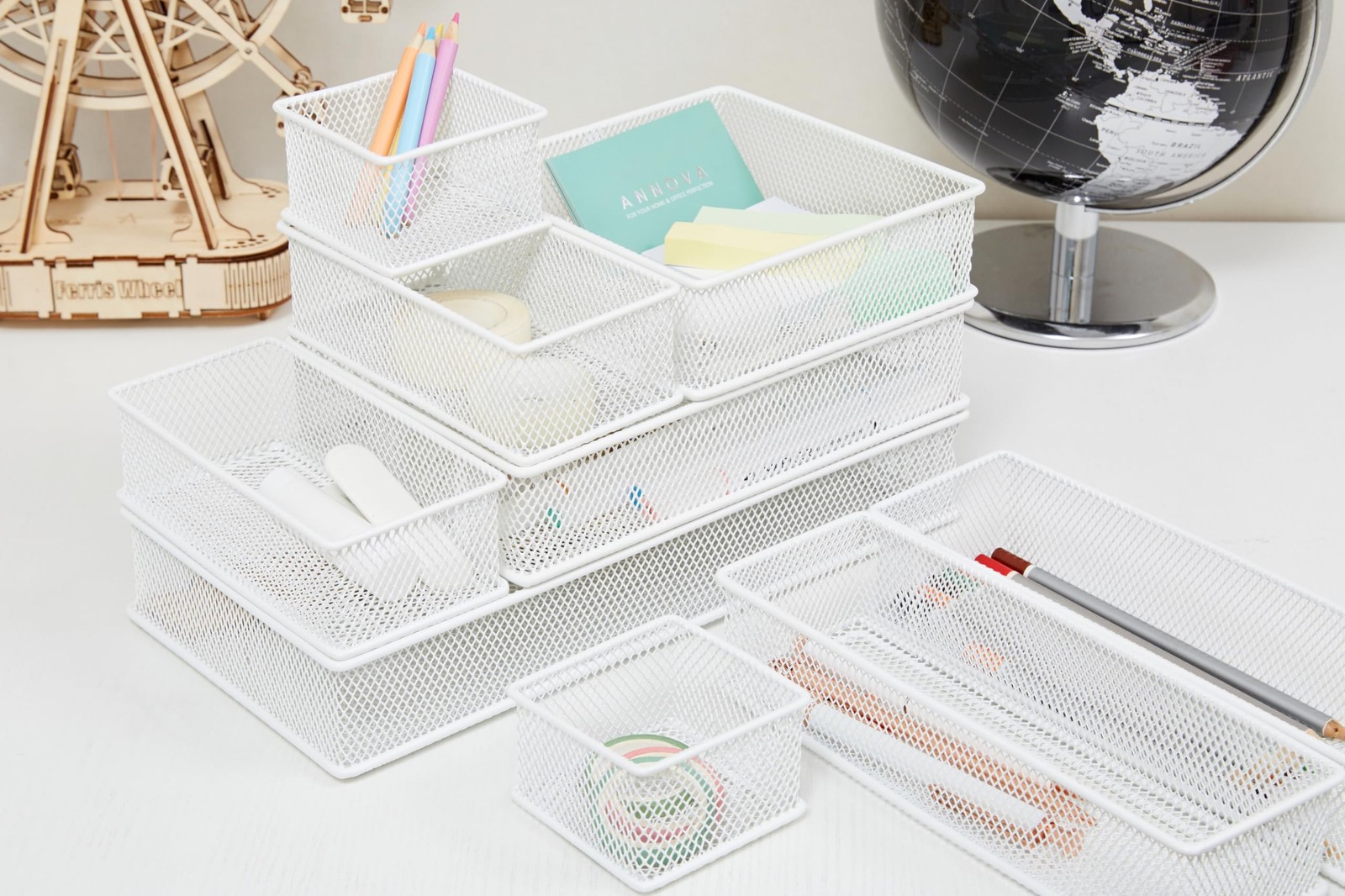 Mesh Stackable Drawer Shelf Organizer Bins Tray White 2 Pack 3x6x2 Inch
