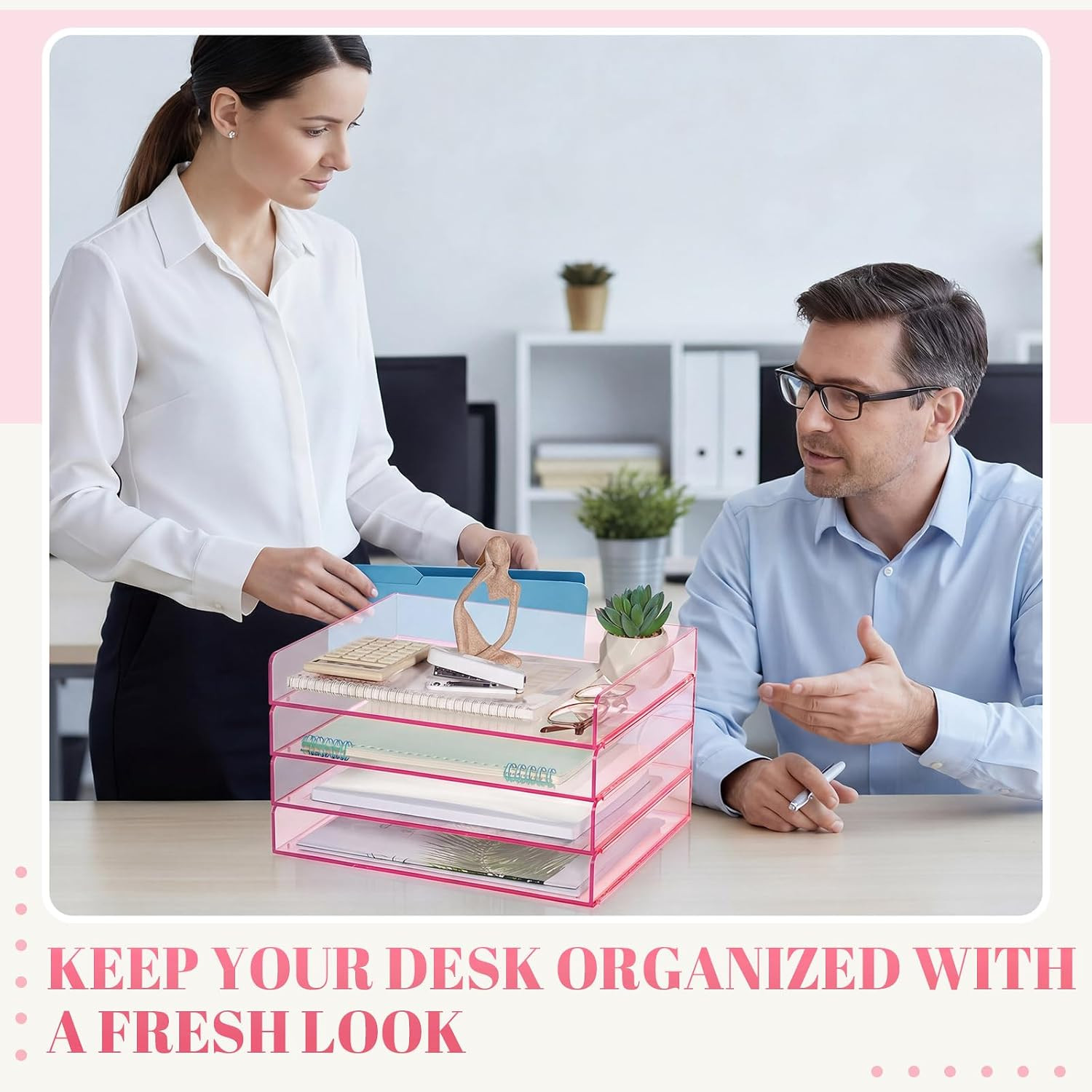 4 Tier Clear Hot Pink Acrylic Paper Organizer Letter Tray, Aesthetic Stackable L