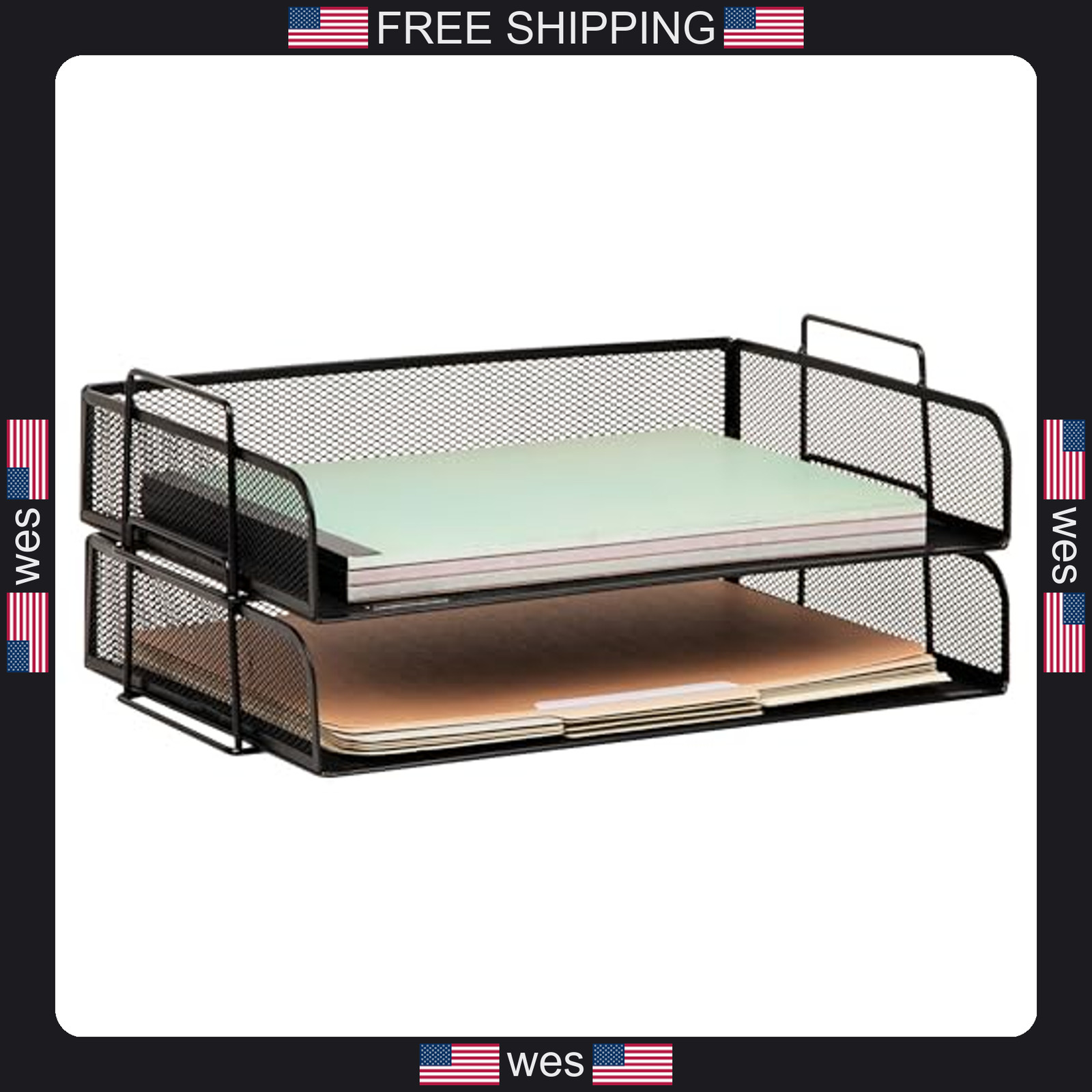 Mind Reader stackable paper tray set black metal mesh desktop organizer 2 pcs