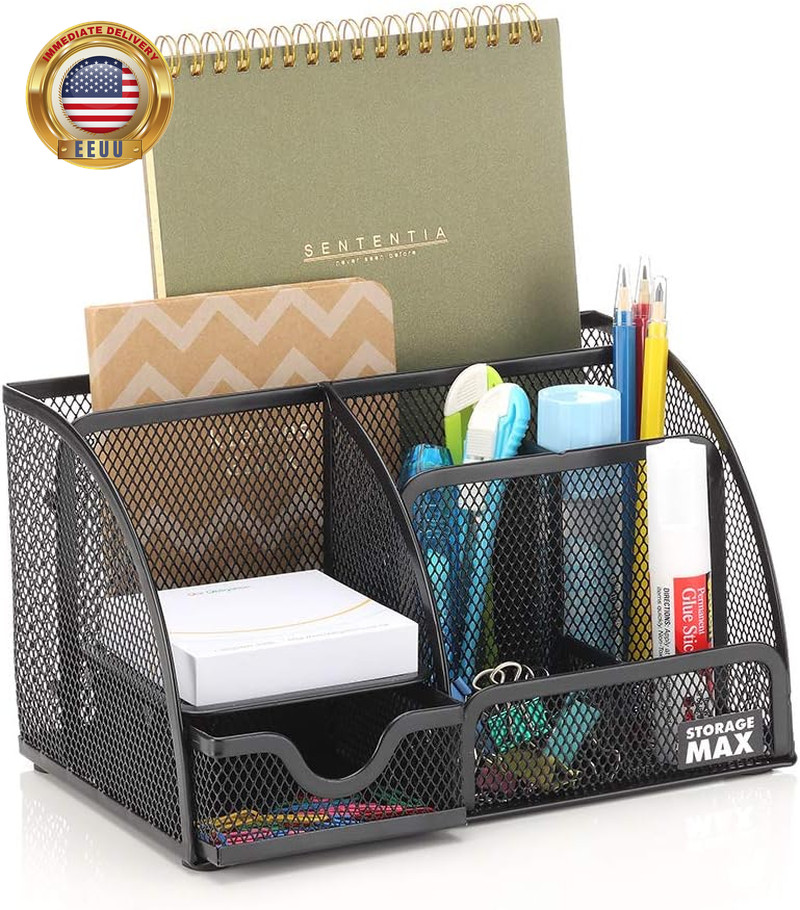 Desk Organizer with Drawer, Desktop Wire Mesh Sorter with 6 Compartments for Pen