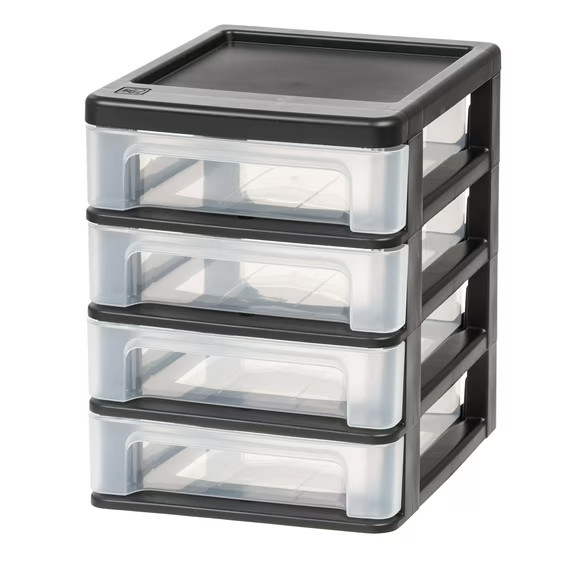 IRIS Small 4-Drawer Compact Desktop Organizer, Stacking Desktop Unit, Black-Clea