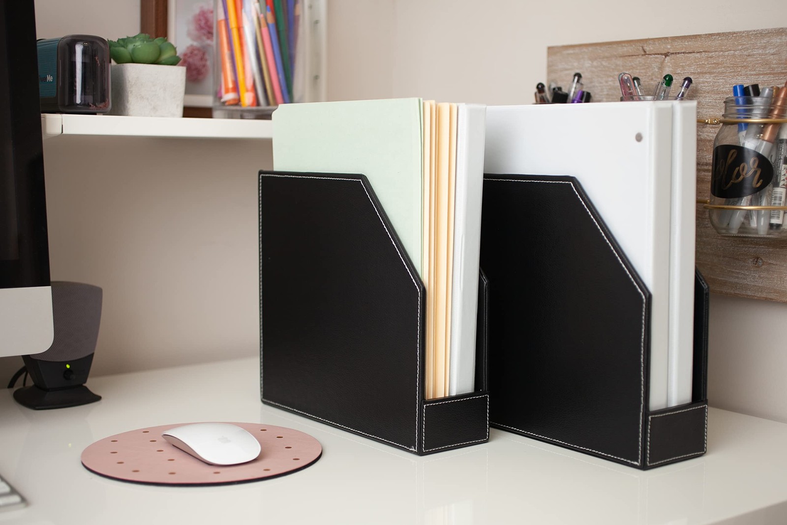 2 PCS Executive Leather Vertical File Folder Holder Office Desk Organizer