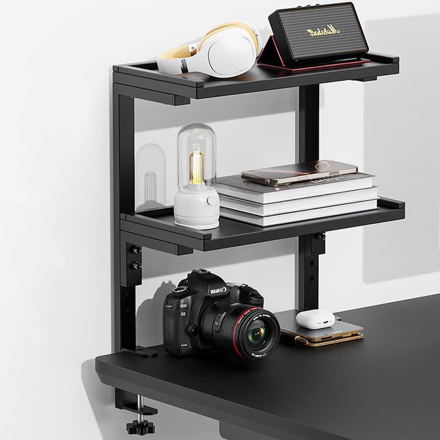 Clamp on Desk Shelf, 2 Tier Office Desk Shelves Organizer, Wood Desktop Supplies