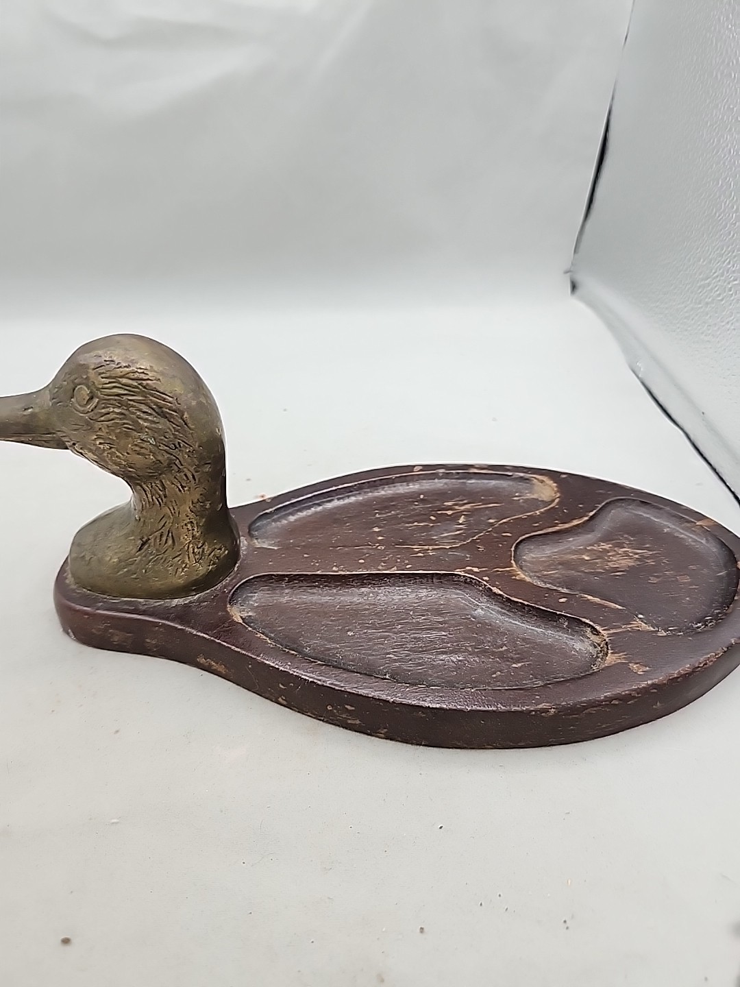 Price Products Wood Brass Duck Head Divided Tray Desk Organizer 1982 Vintage