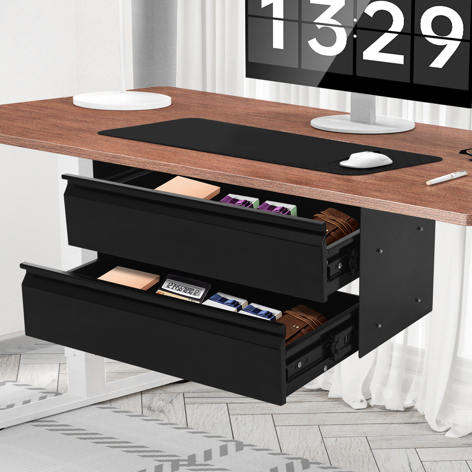 Black Dual Level 16″ Pull Out Under Desk Storage Drawer Set