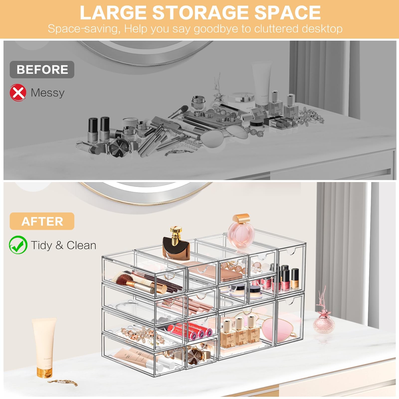 Desk Organizer with 14 Drawers, FODIENS 14 Packs 14 Transparent
