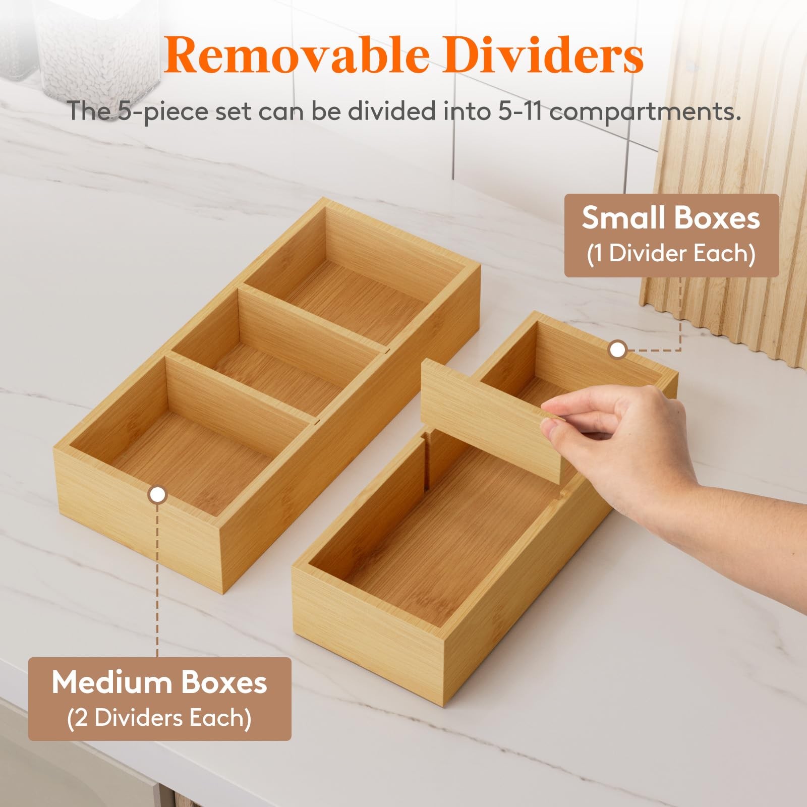 Lifewit Drawer Organizers 5 Pack(11 Grid) with 6 Inserts, Adjustable natural