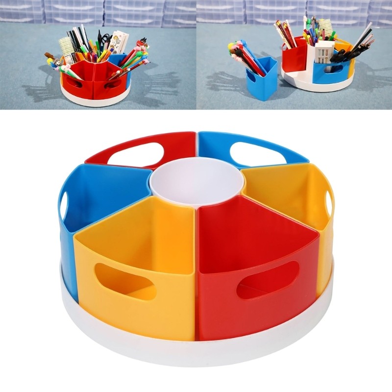 6 Compartments Desk Organiser for Kid, Rotating Pen Organiser Art Supply Holder