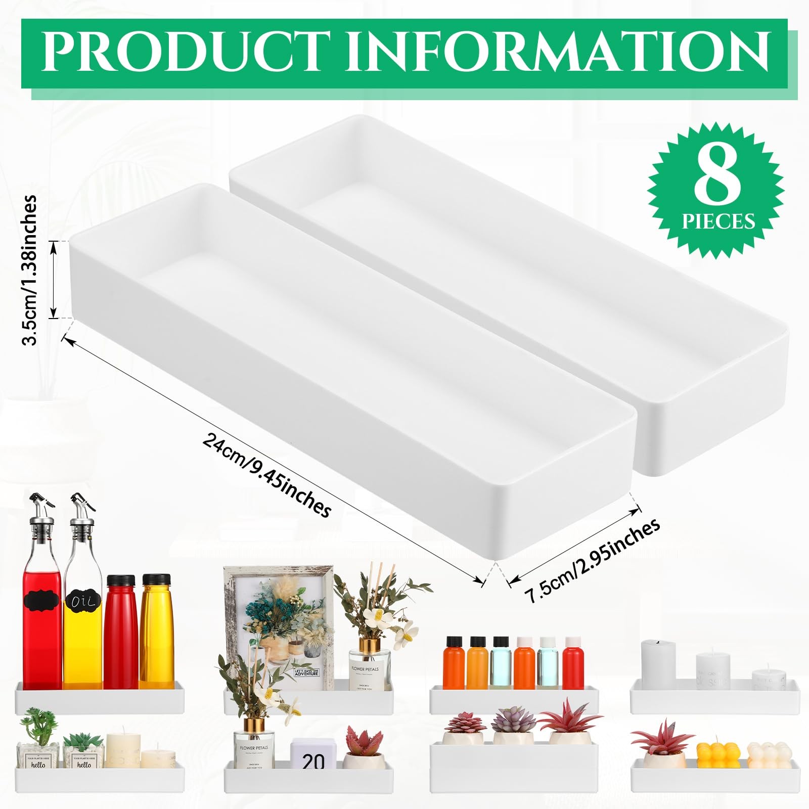 Teling 8 Pcs Plastic Desk Drawer Organizer Rectangular 9.45 x 2.95 x White