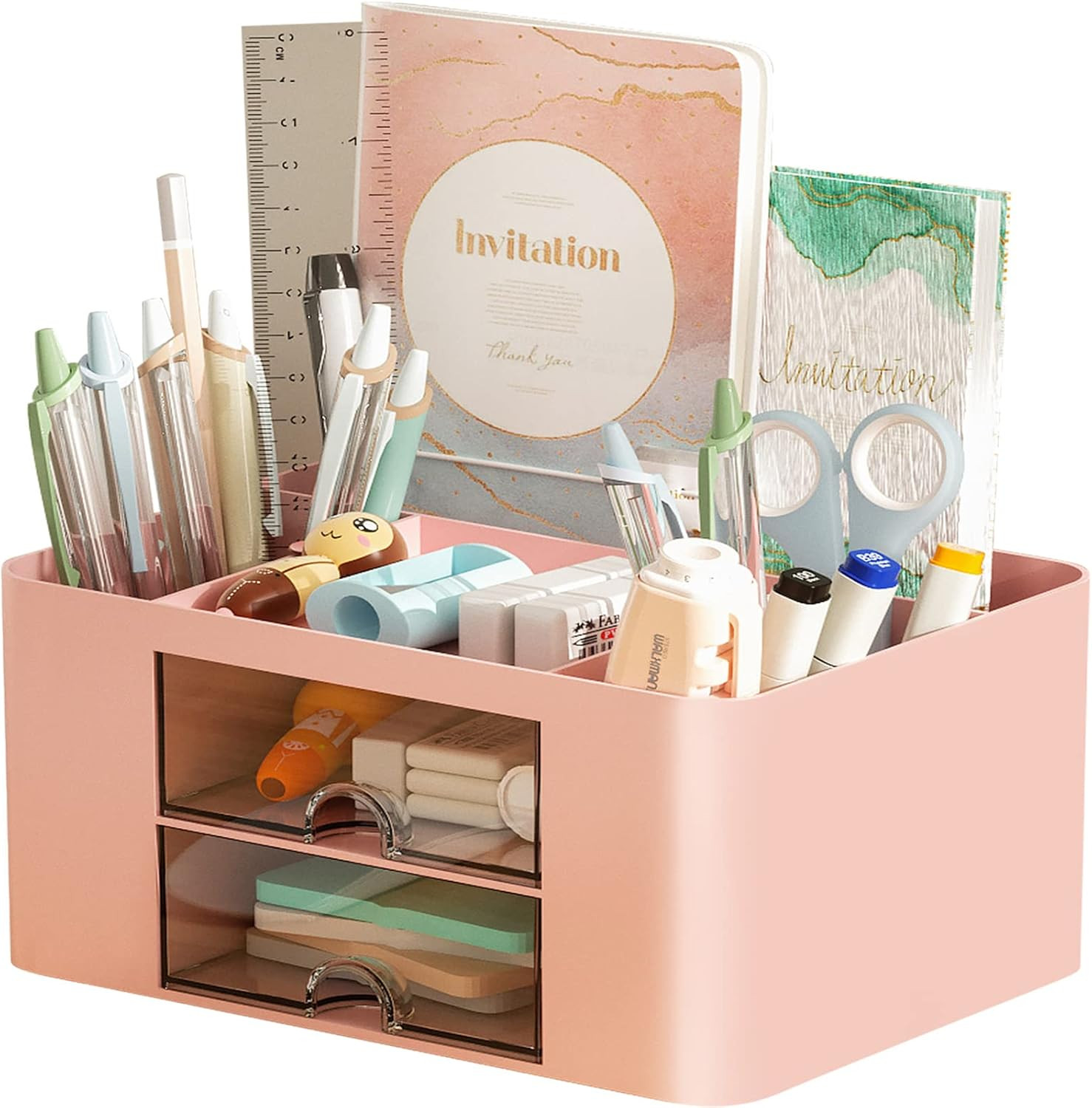 Pen Organizer with 2 Drawer, Multi-Functional Pencil Holder for Desk, Desk Organ
