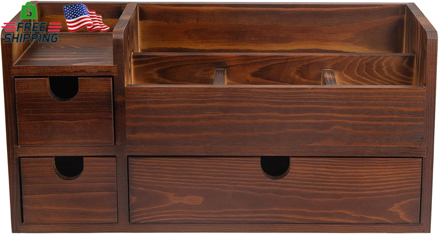 Rustic Brown Wooden Desktop Organizer Drawers Removable Office Supplies Torched