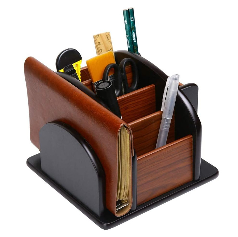 Wooden Desk Organizer, Desktop Office Supplies Storage Remote Control Caddy H…