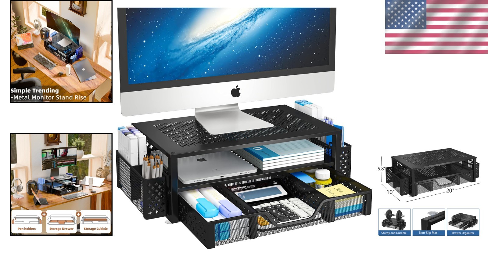Ergonomic Metal Monitor Stand Riser with Drawer & Pen Holder – Black, 20″ Wide