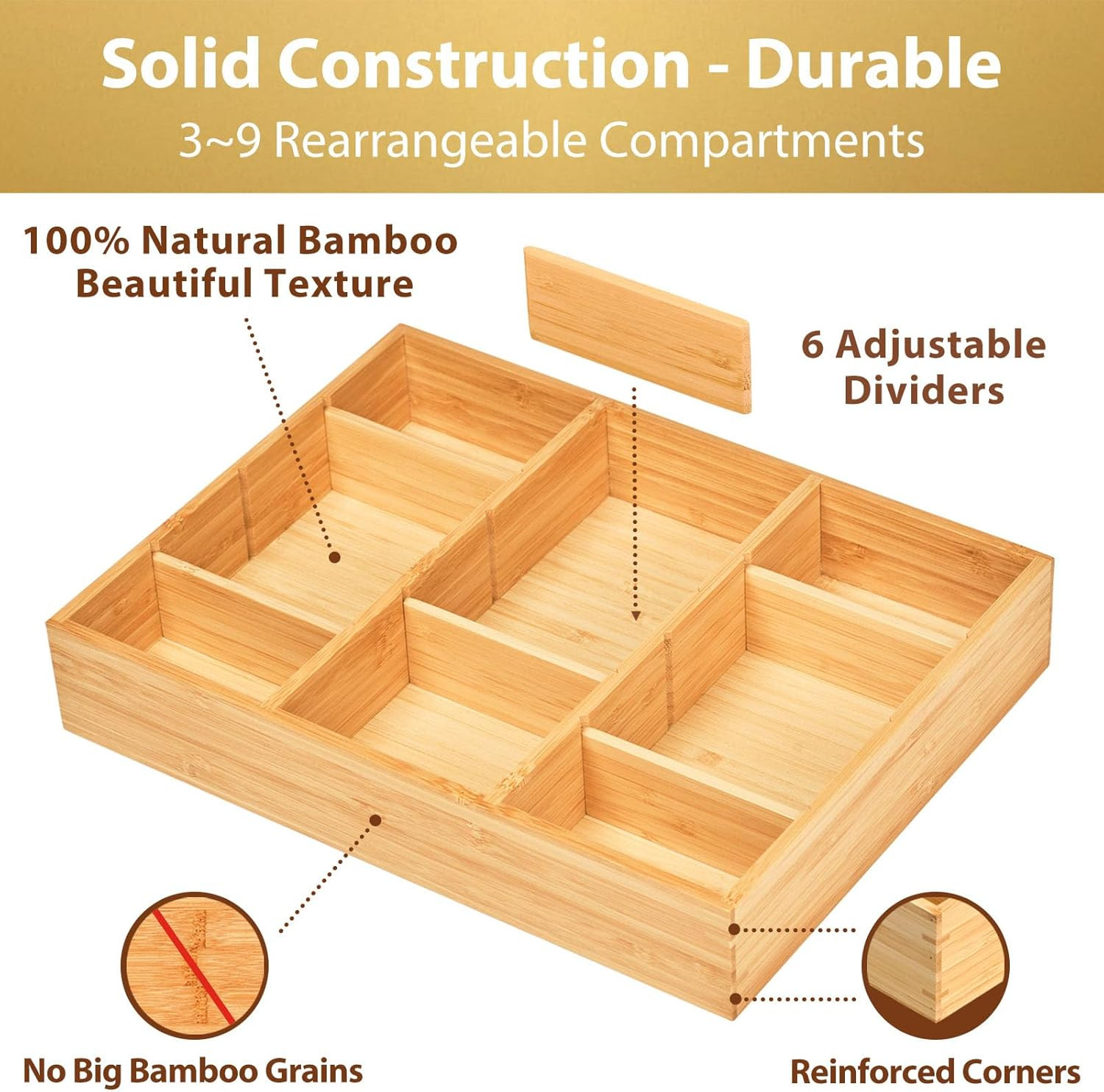 Bamboo Desk Drawer Organizer, Wood Junk Organizer Tray with Adjustable Dividers,