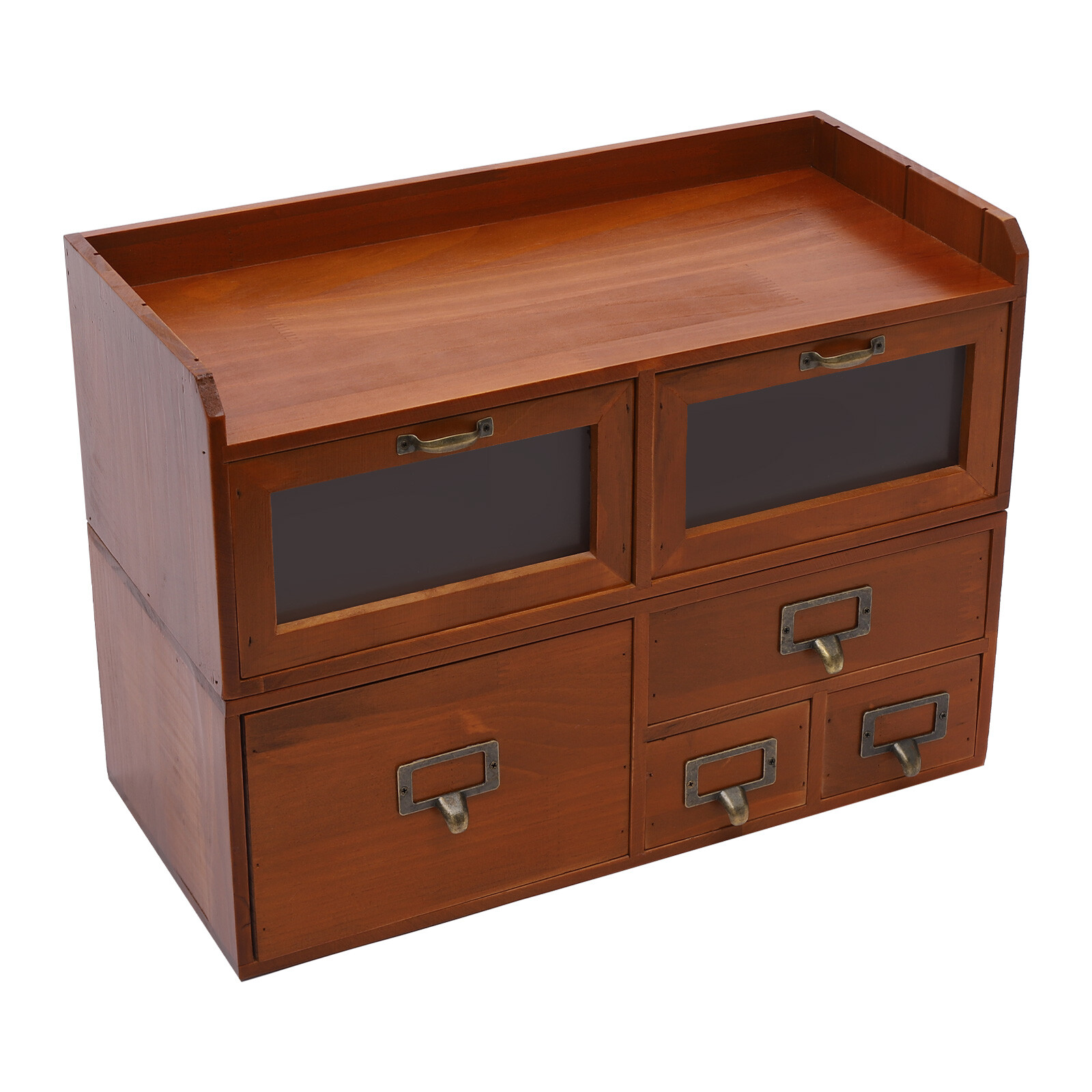 Retro Brown 6-Drawer Desktop Organizer Pine Wood Clear Acrylic Door