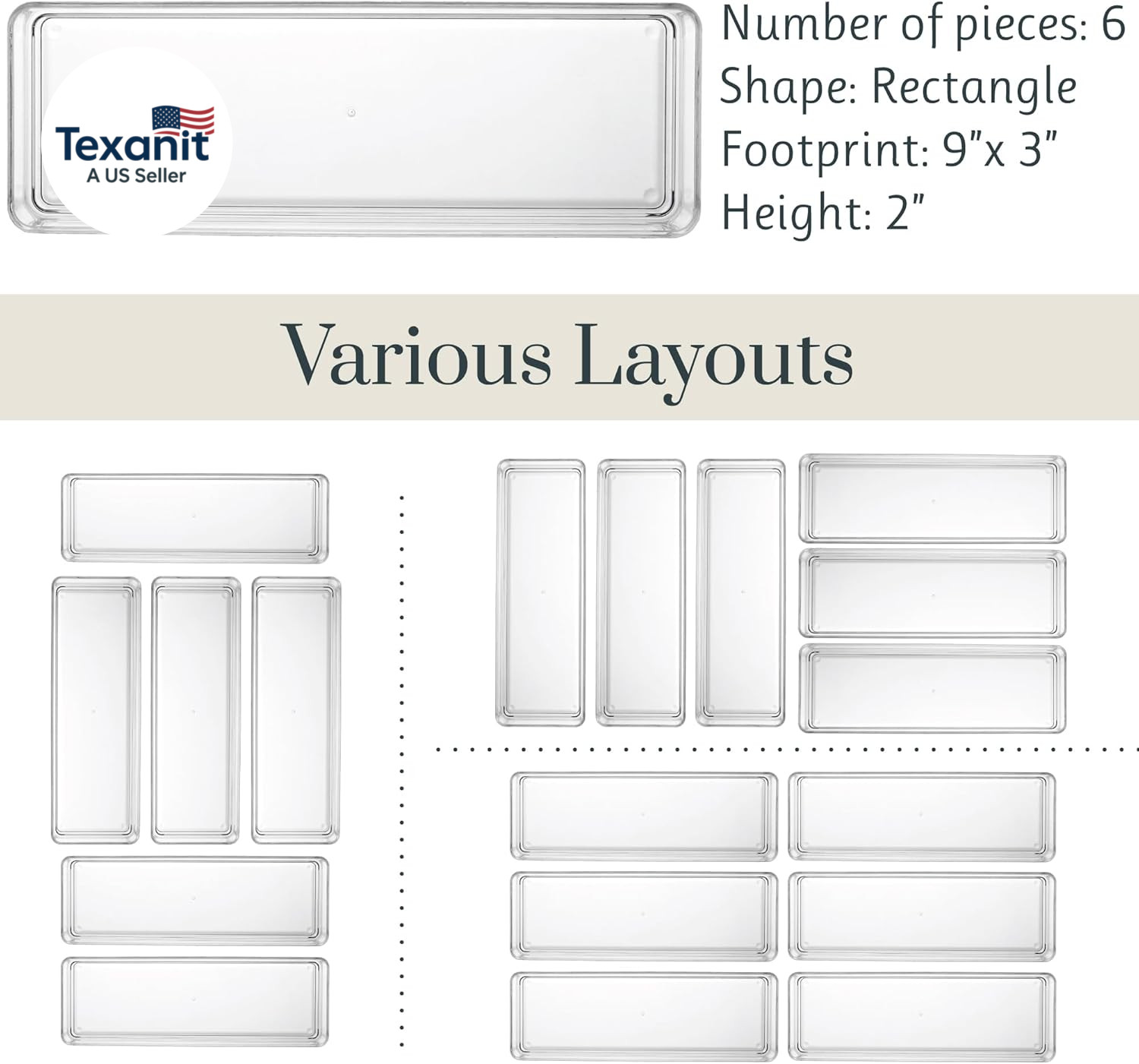 Simplesort 6-Piece Stackable Clear Drawer Organizer Set | 9″ X 3″ X 2″ Rectangle