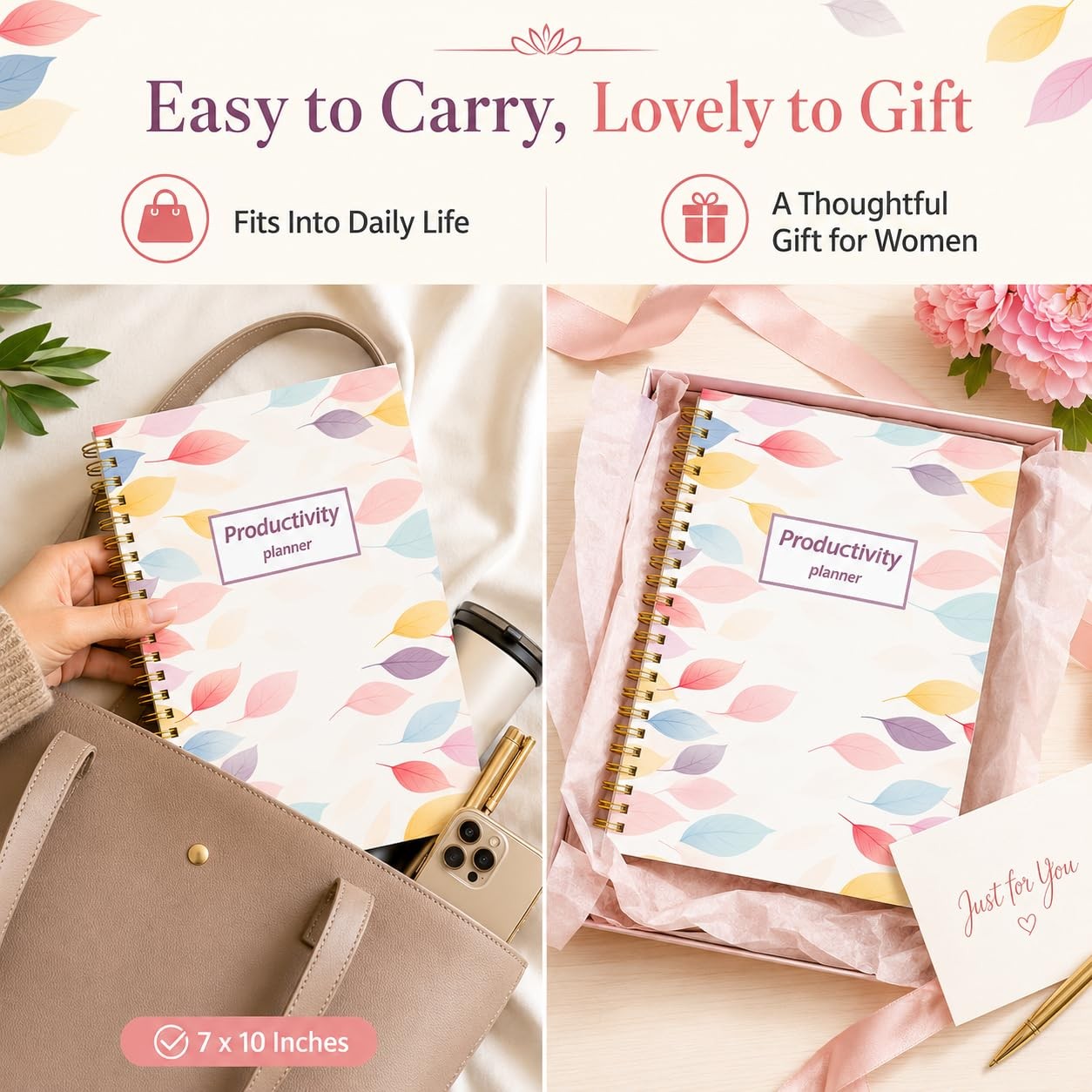 ADHD Planner for Women，Daily Productivity 7 X 10 inches, Colorful Leaves
