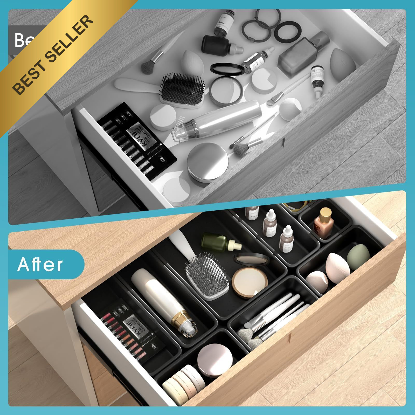10 PCS Black Drawer Organizer Set 4 Size Interlocking Plastic Storage Bins