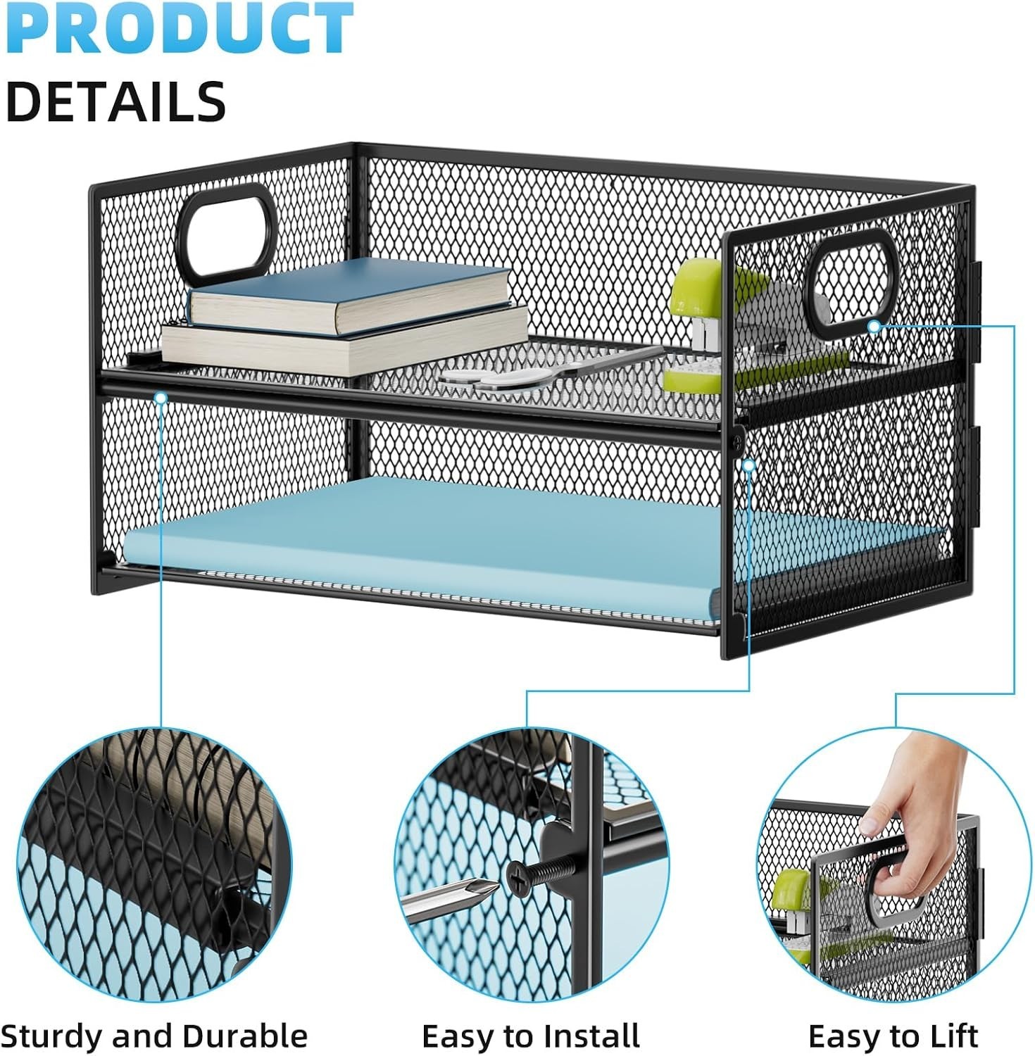 Letter Tray Organizer Mesh File Holder with Handle 2 Tier Paper Sorter Desk