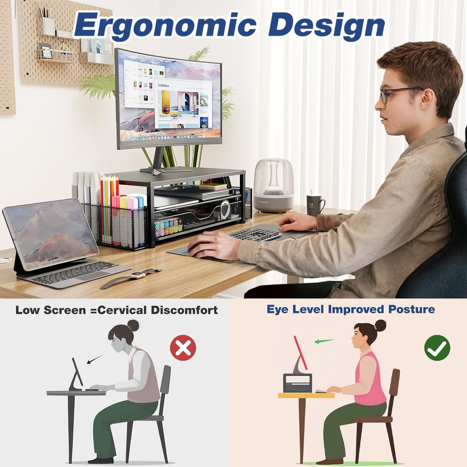 Ergonomic 2-Tier Computer Monitor Stand with Storage – Black Office Essential
